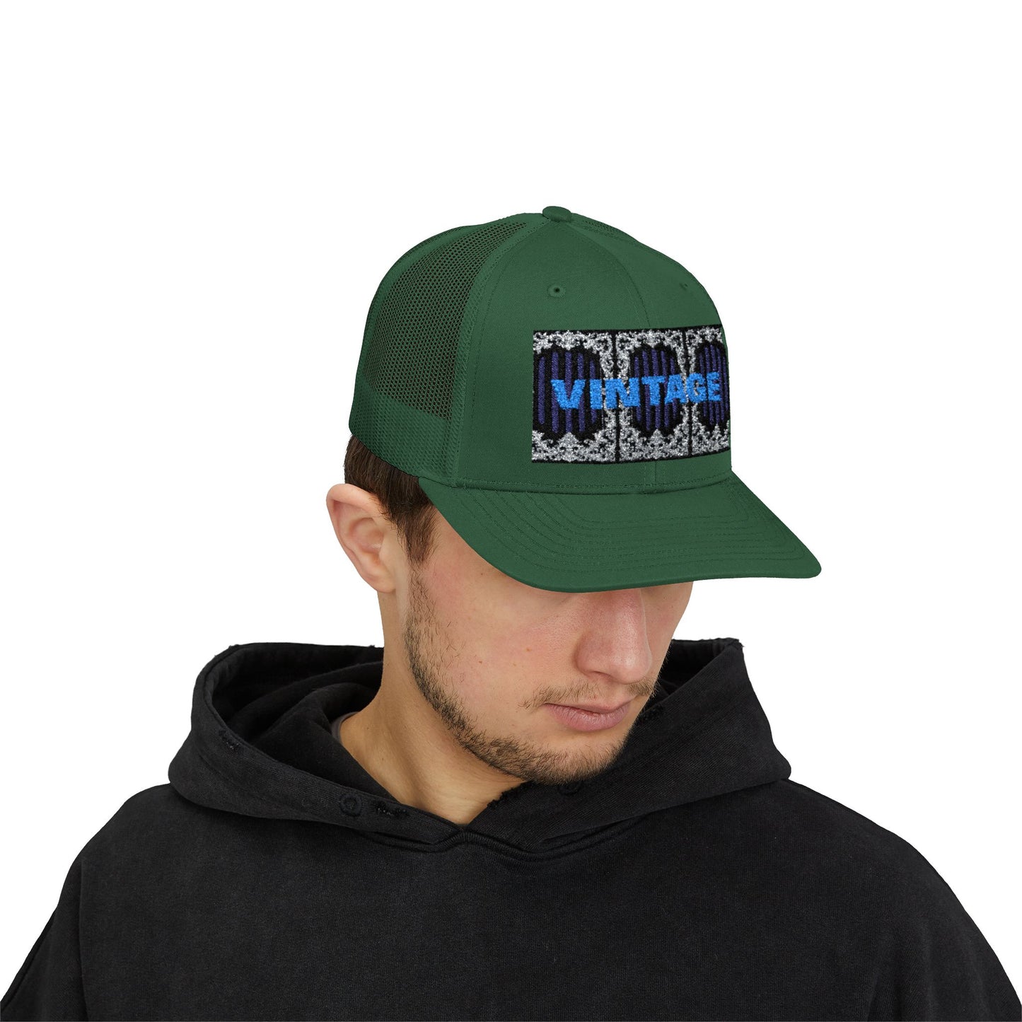 Vintage Navy Stripes & Baroque Trucker Cap — Retro 'VINTAGE' Embroidered Snapback