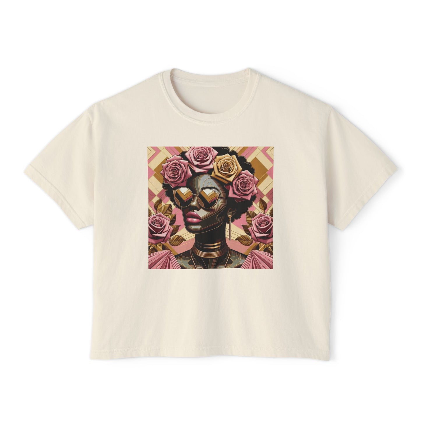 Chic Floral Graphic Women's Boxy Tee, Casual T-Shirt, Summer Fashion, Gift for Her, Everyday Wear - Pink Roses Lady