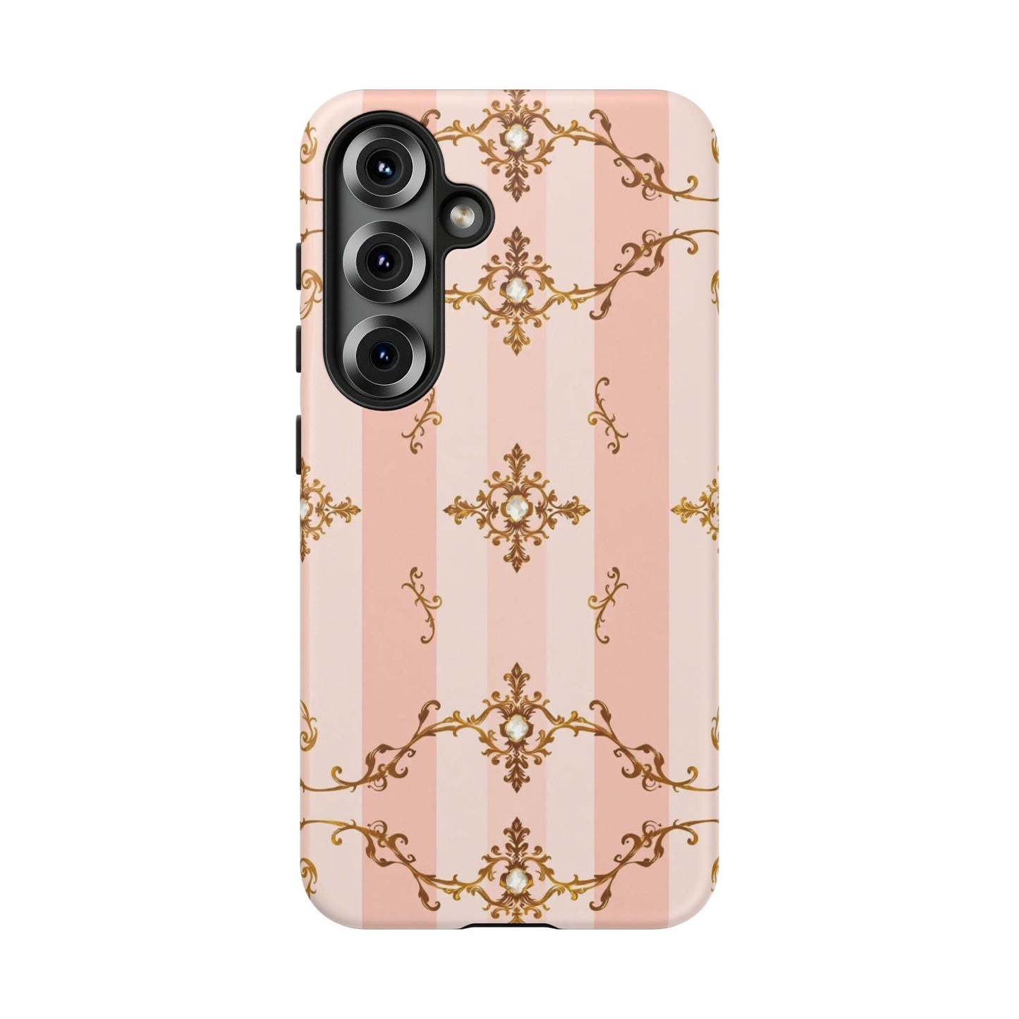 Elegant Floral Phone Case, Tough Cases for Women, Trendy Phone Cover, Chic Gift - Pink Jeweled Striped Gold Baroque