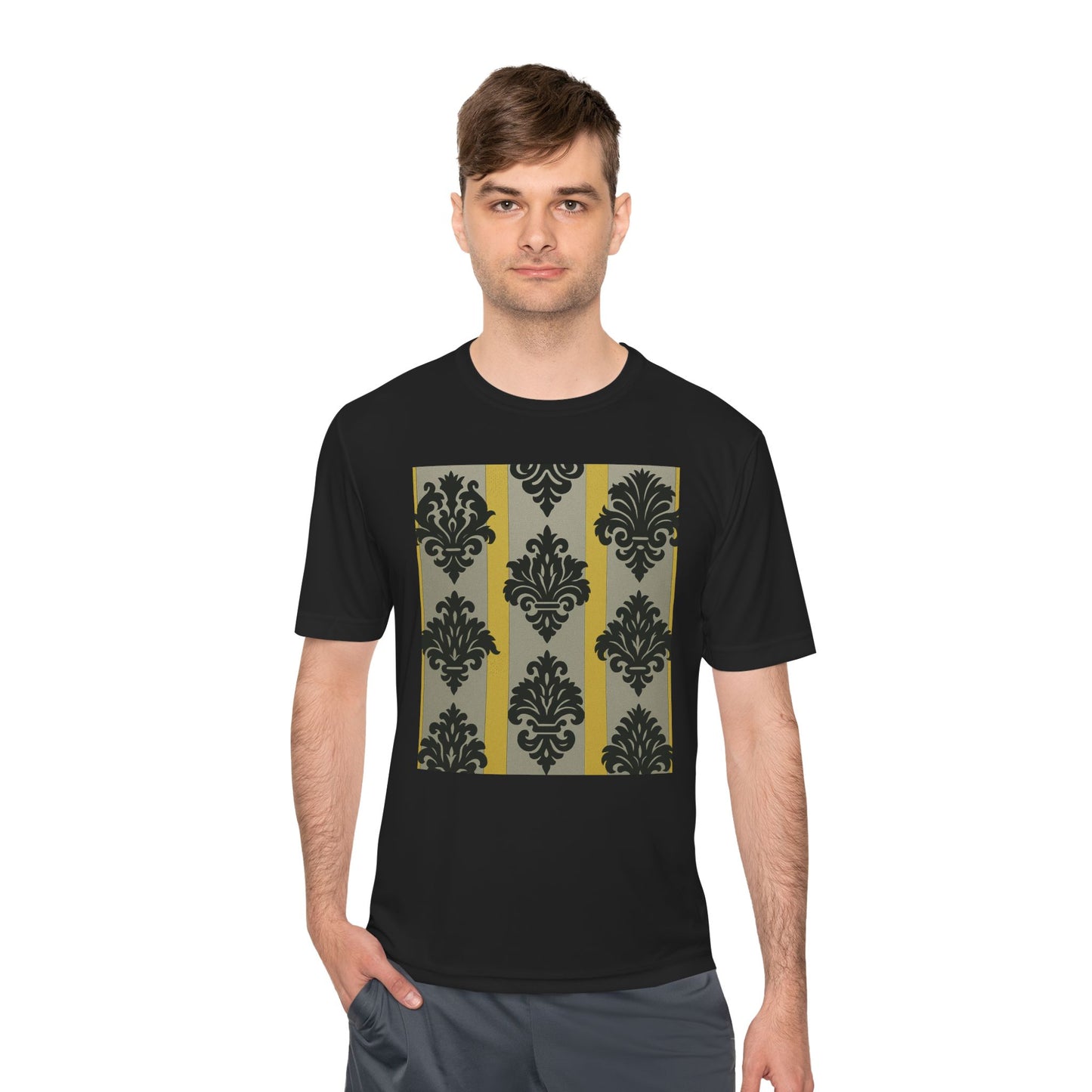 Elegant Patterned Unisex Moisture Wicking Tee, Activewear, Casual Tee, Gift for Him/Her, Stylish Sportswear - Silver & Gold Striped Black Baroque