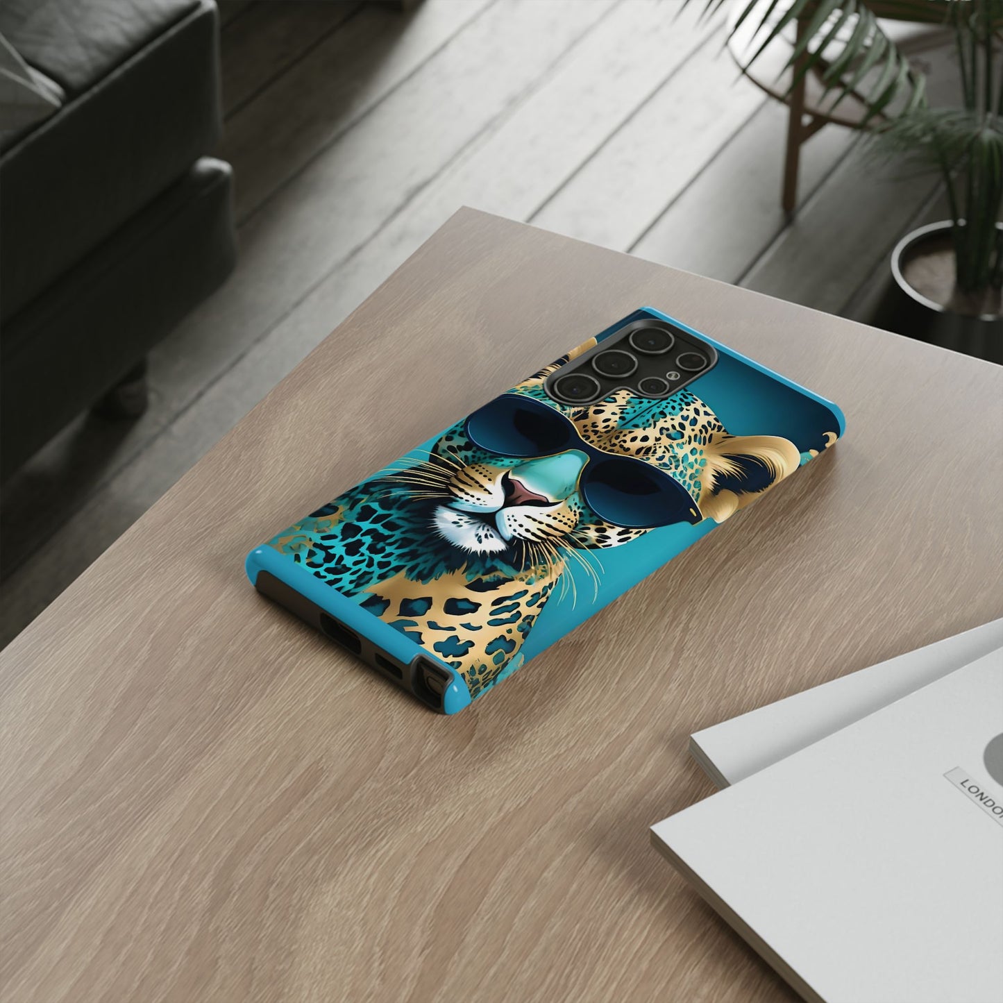 Phone Case - Aqua & Gold Leopard In Sunglasses Design