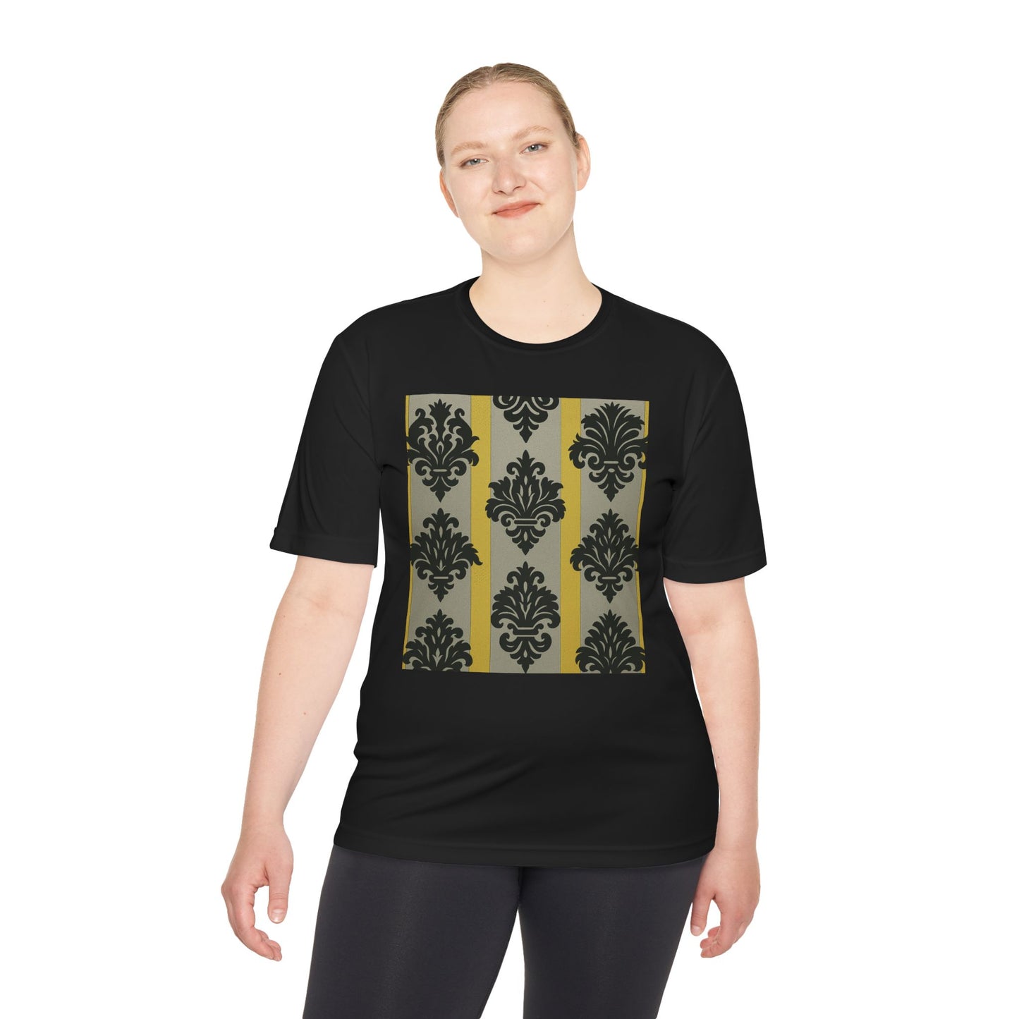 Elegant Patterned Unisex Moisture Wicking Tee, Activewear, Casual Tee, Gift for Him/Her, Stylish Sportswear - Silver & Gold Striped Black Baroque