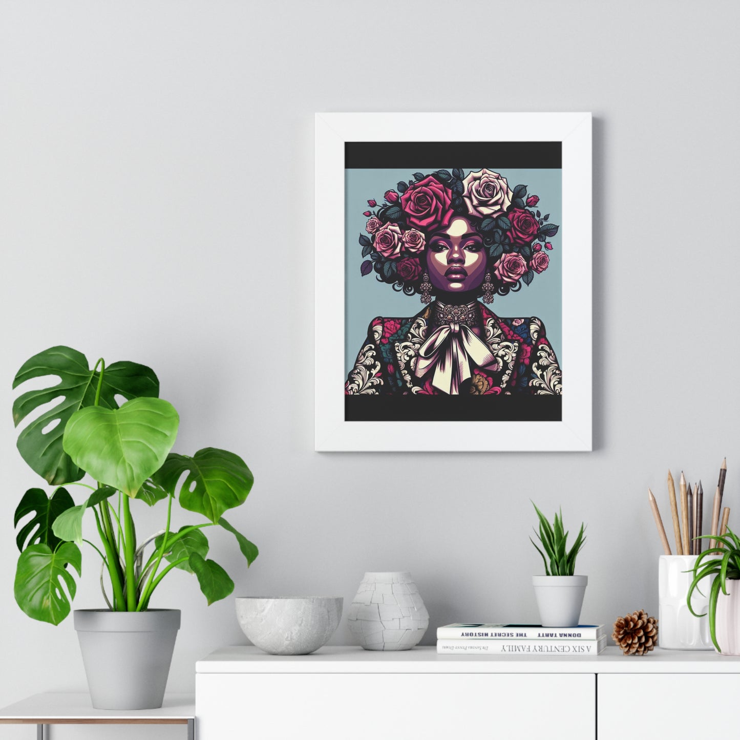 Vertical Poster -  Lady In Damask Suit & Roses Wall Art