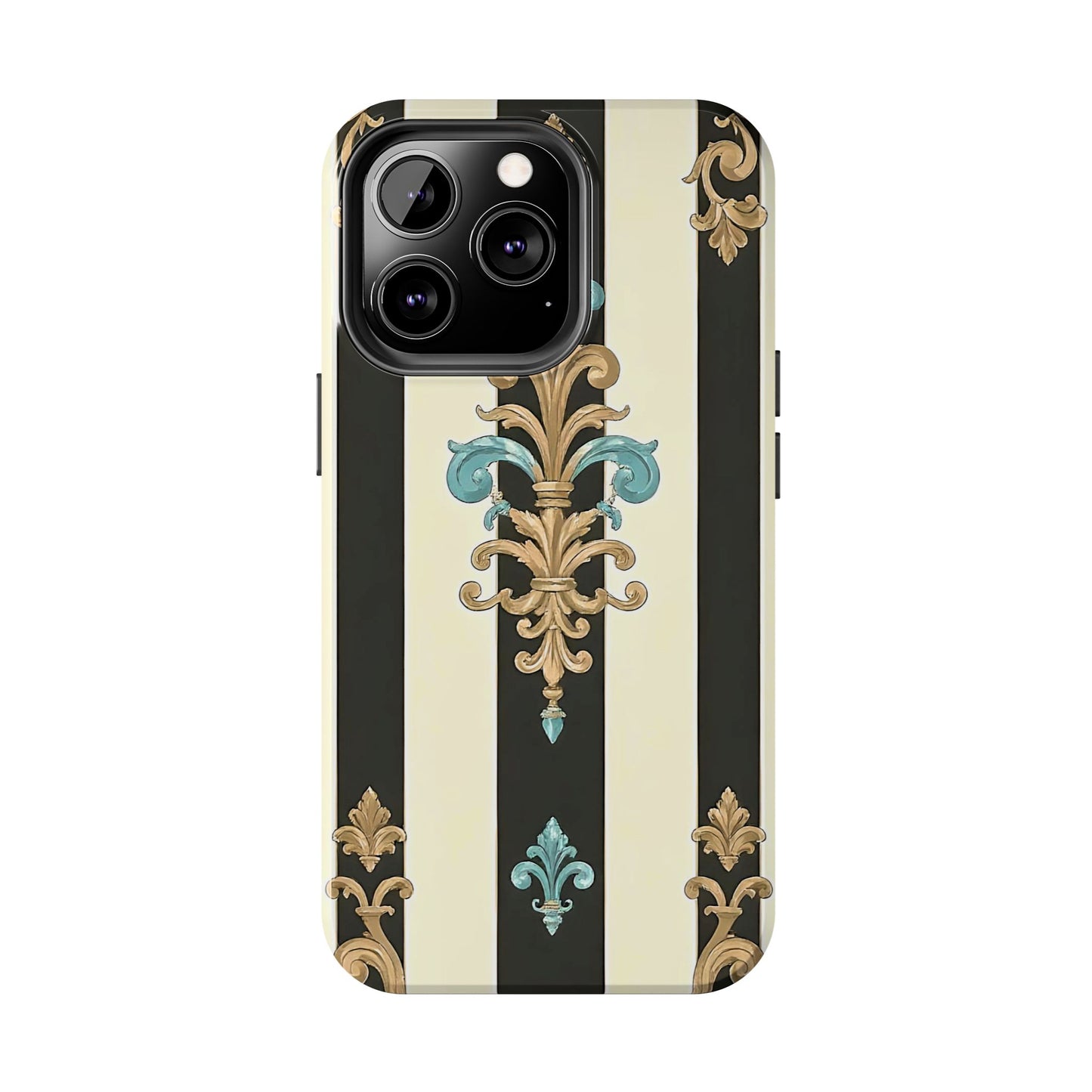 Elegant Vintage Tough Phone Cases, Stylish Phone Accessories, Quality Protection, Gifts for Her - Black Striped Turquoise & Black Rococo