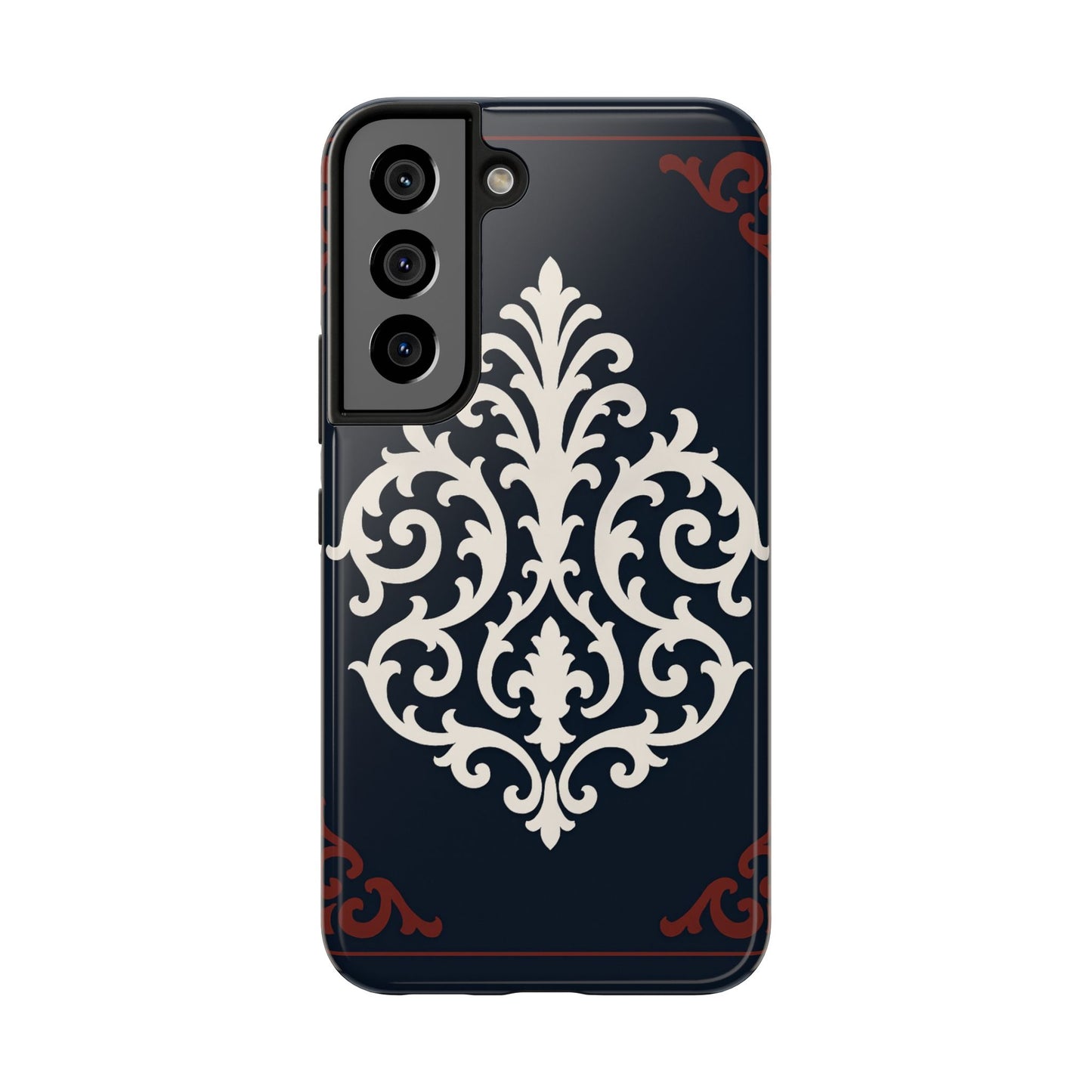 Dusk Blue-Maroon & White Baroque Tough Phone Case — Vintage Scroll Design