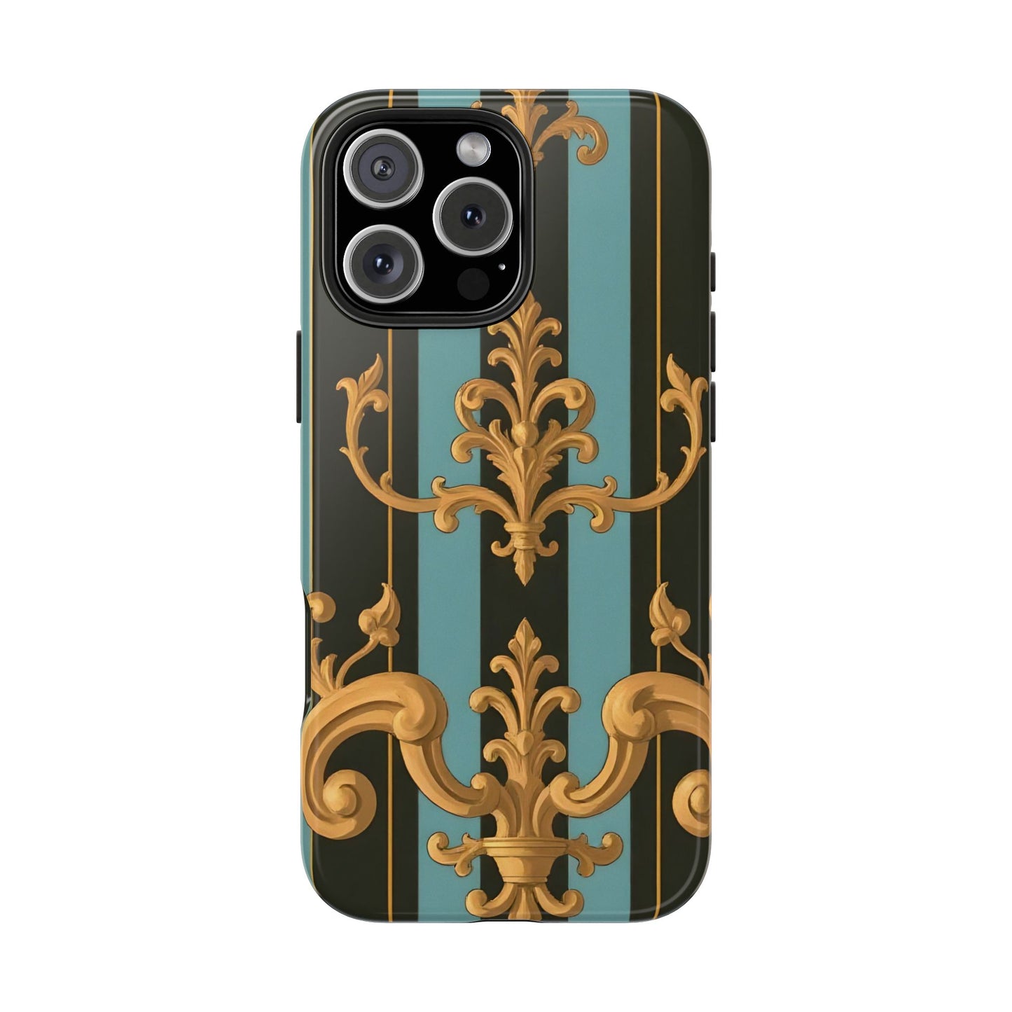 Elegant Baroque Tough Phone Case, Stylish Phone Cover, Durable iPhone Case, Unique Gift - Black & Turquoise Striped Baroque