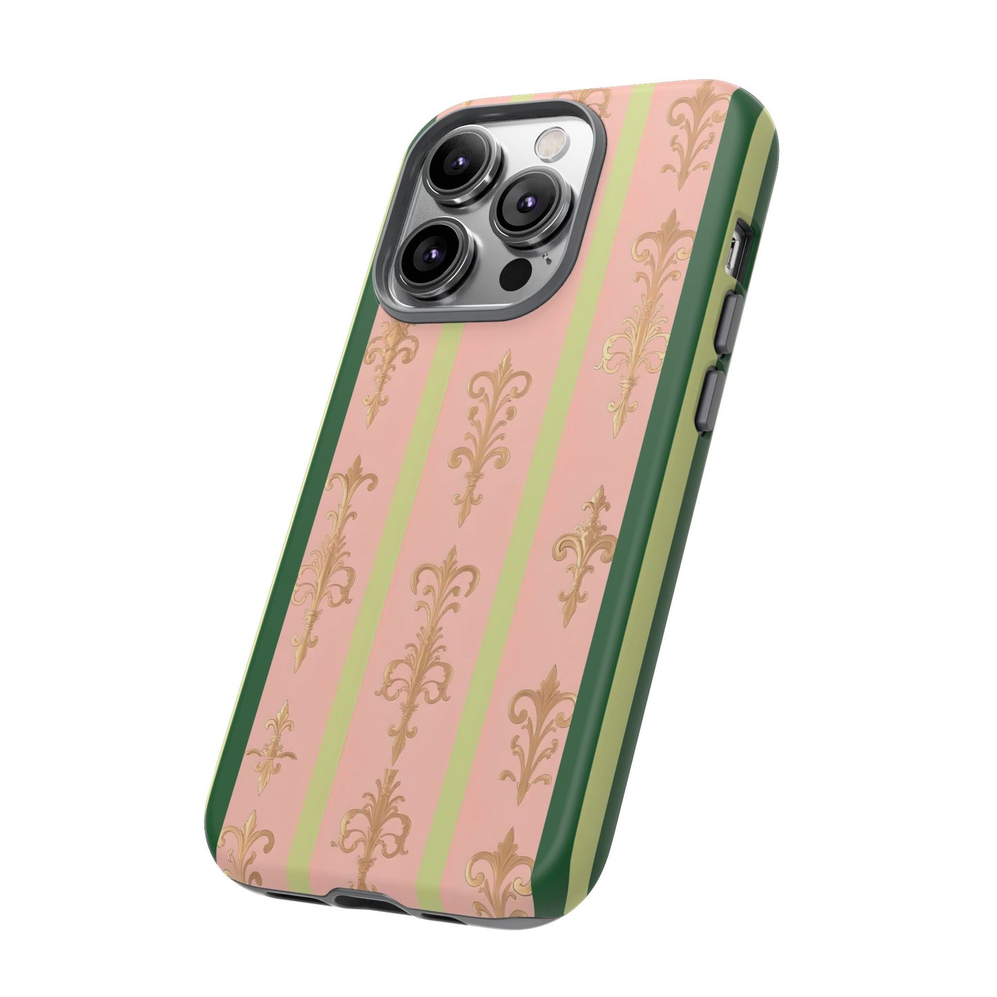 Elegant Floral Motif Phone Case - Tough Cases with Vintage Design - Lime Green & Pink Striped Damask
