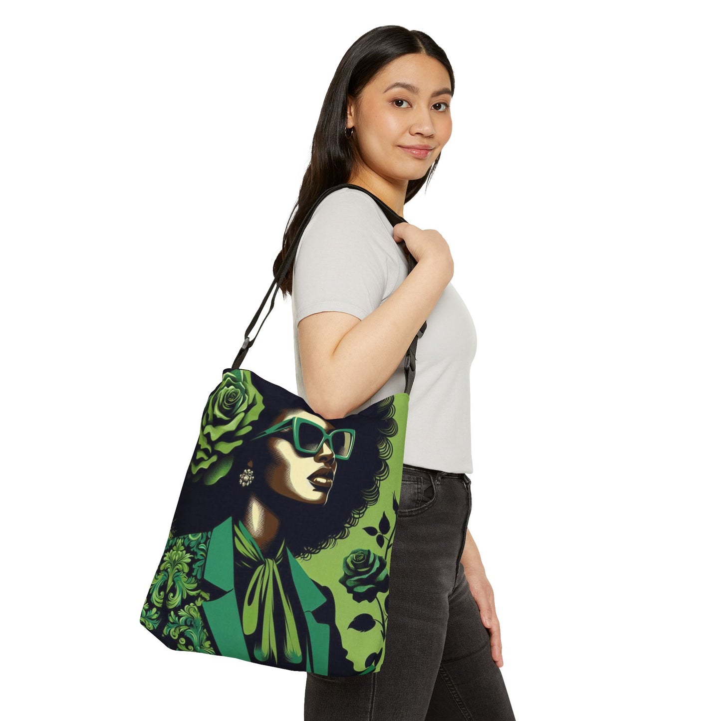 Chic Adjustable Tote Bag with Floral Design | Eco-Friendly Carryall for Everyday Use, Shopping, Travel, or Events - Lady in Green Damask