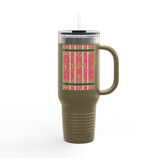 Elegant Insulated Green Border Pink Striped Baroque Travel Mug, 40oz with Baroque Design - Perfect for Gifting, Coffee, Tea, Gift for Her