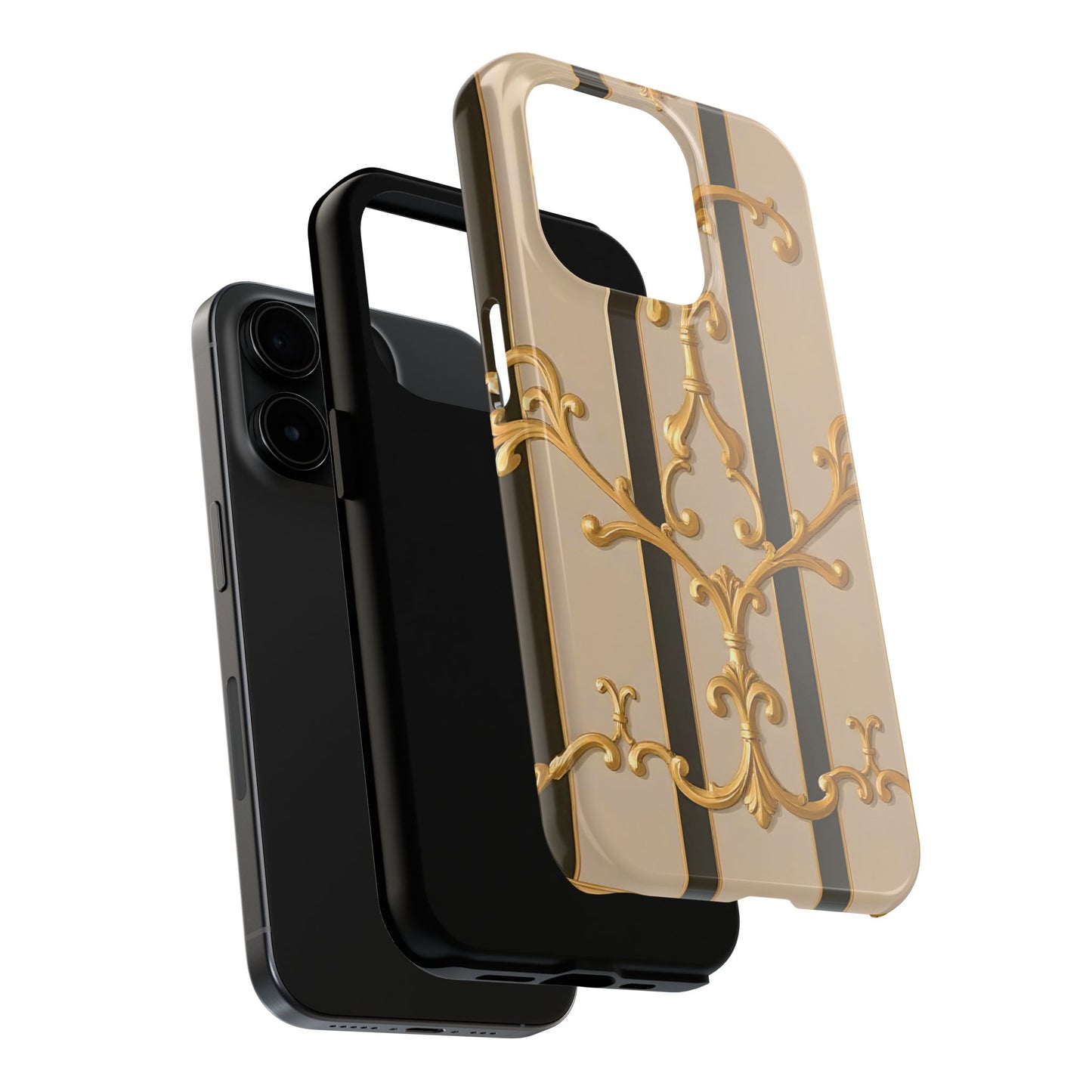 Elegant Vintage Tough Phone Case, Stylish Phone Cover, Boho Accessories, Perfect Gift for Her - Beige Striped Gold Rococo