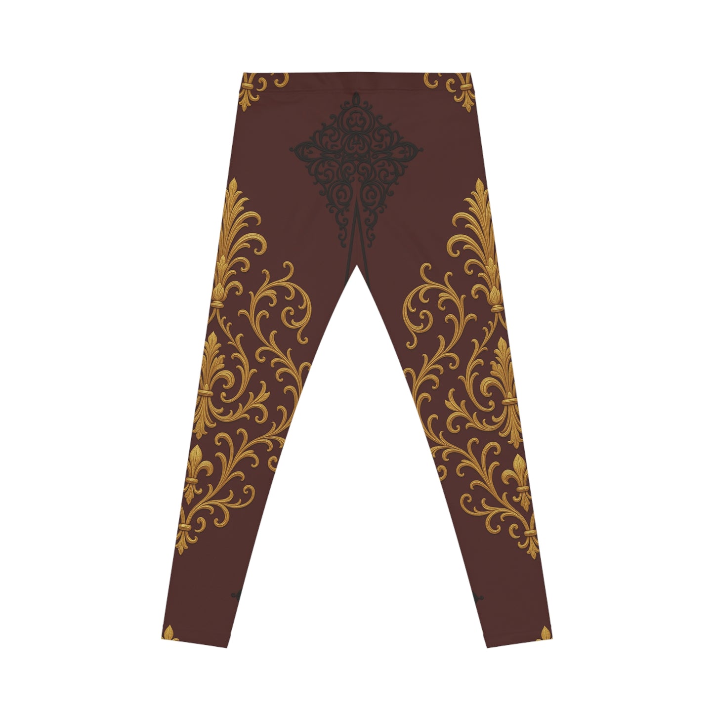 Dusk Burgundy-Black & Gold Baroque Leggings — Gold Scrollwork on Rich Burgundy AOP