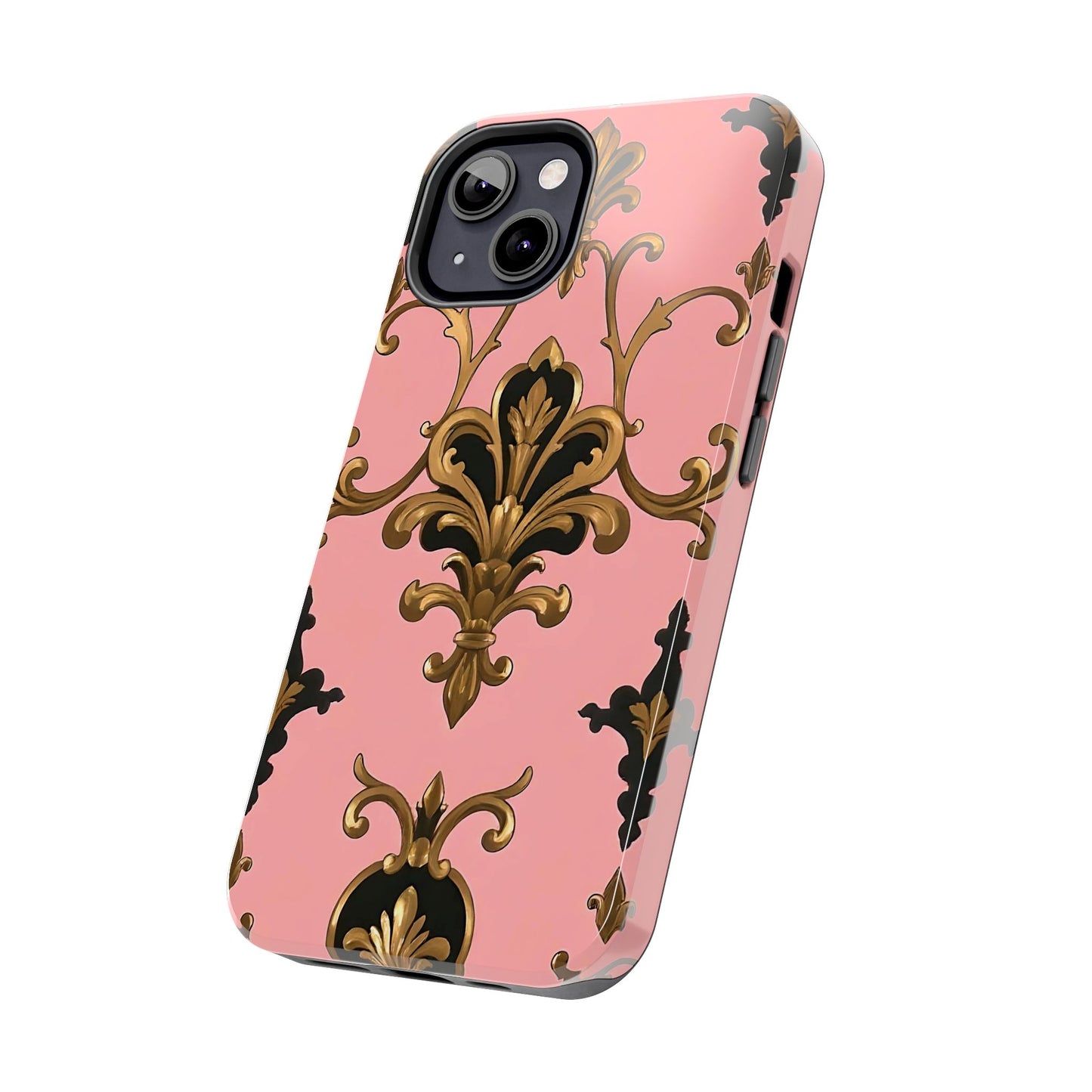 Chic Tough Phone Cases with Floral Design, Elegant Phone Cover, Durable Smartphone Case, Stylish Tech Accessory - Pink, Black & Gold Rococo