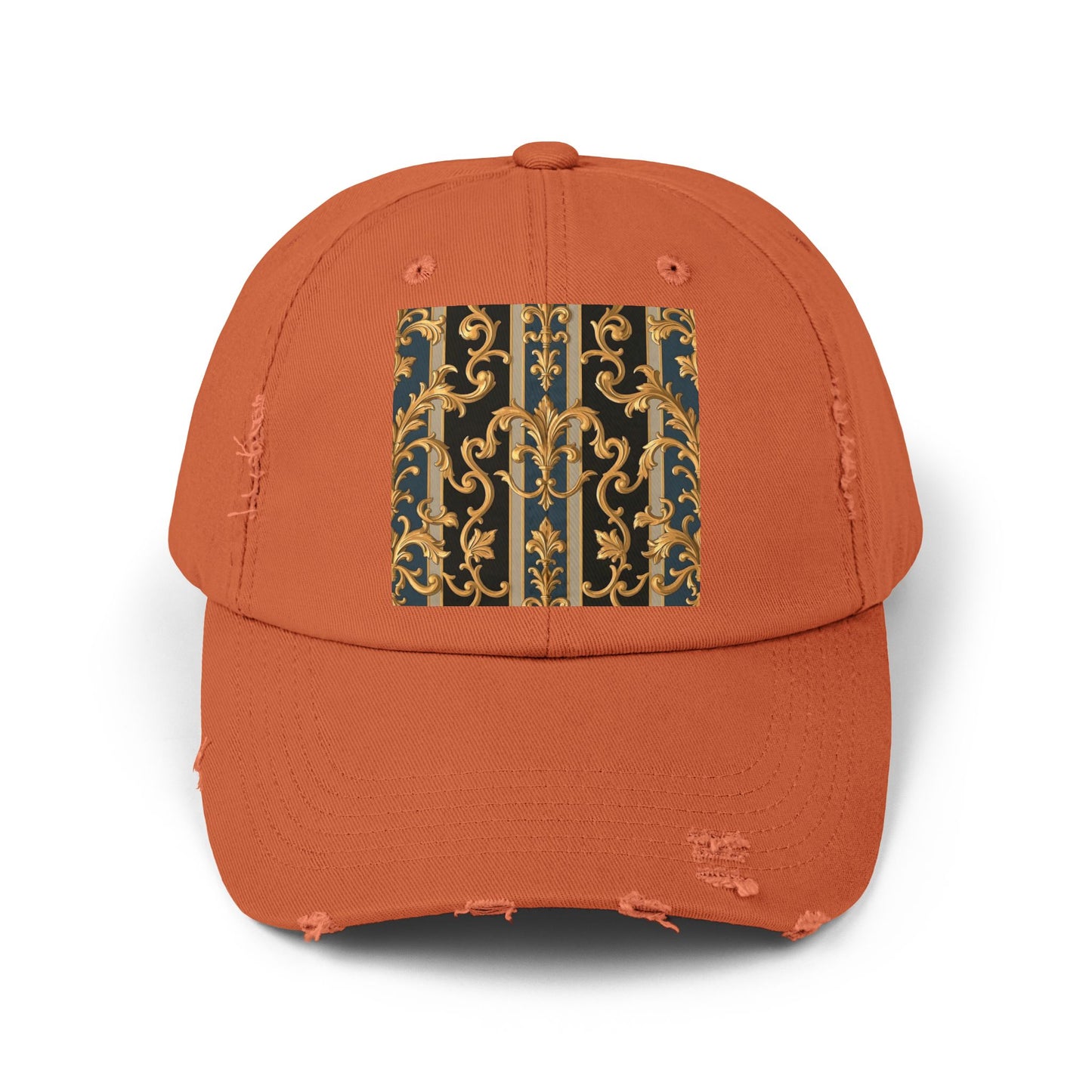 Unisex Distressed Cap with Elegant Gold Pattern, Vintage Style Hat, Casual Fashion Accessory - Blue & Black Striped Rococo