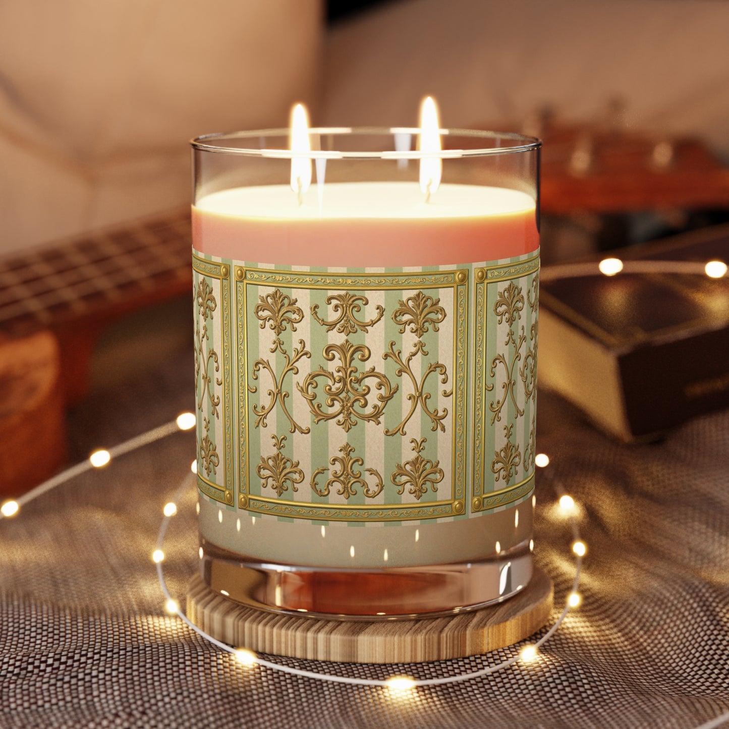 Elegant Scented Candle - Luxe Aromatherapy, Home Décor, Gift for Her, Spa Day Essentials, Relaxation - Mint Green & Beige Striped Gold Baroque