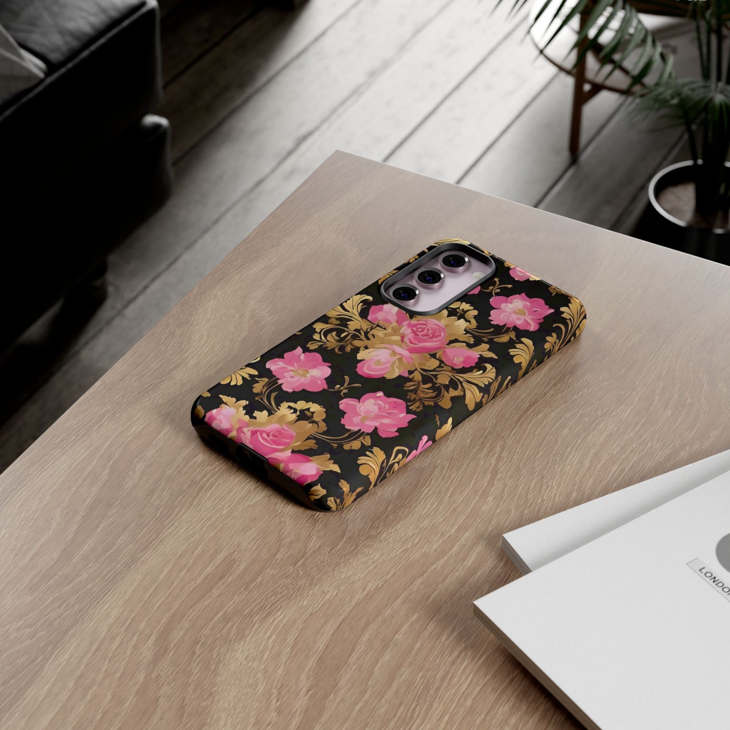Elegant Floral Motif Phone Case - Tough Cases with Vintage Design - Pink & Gold Roses
