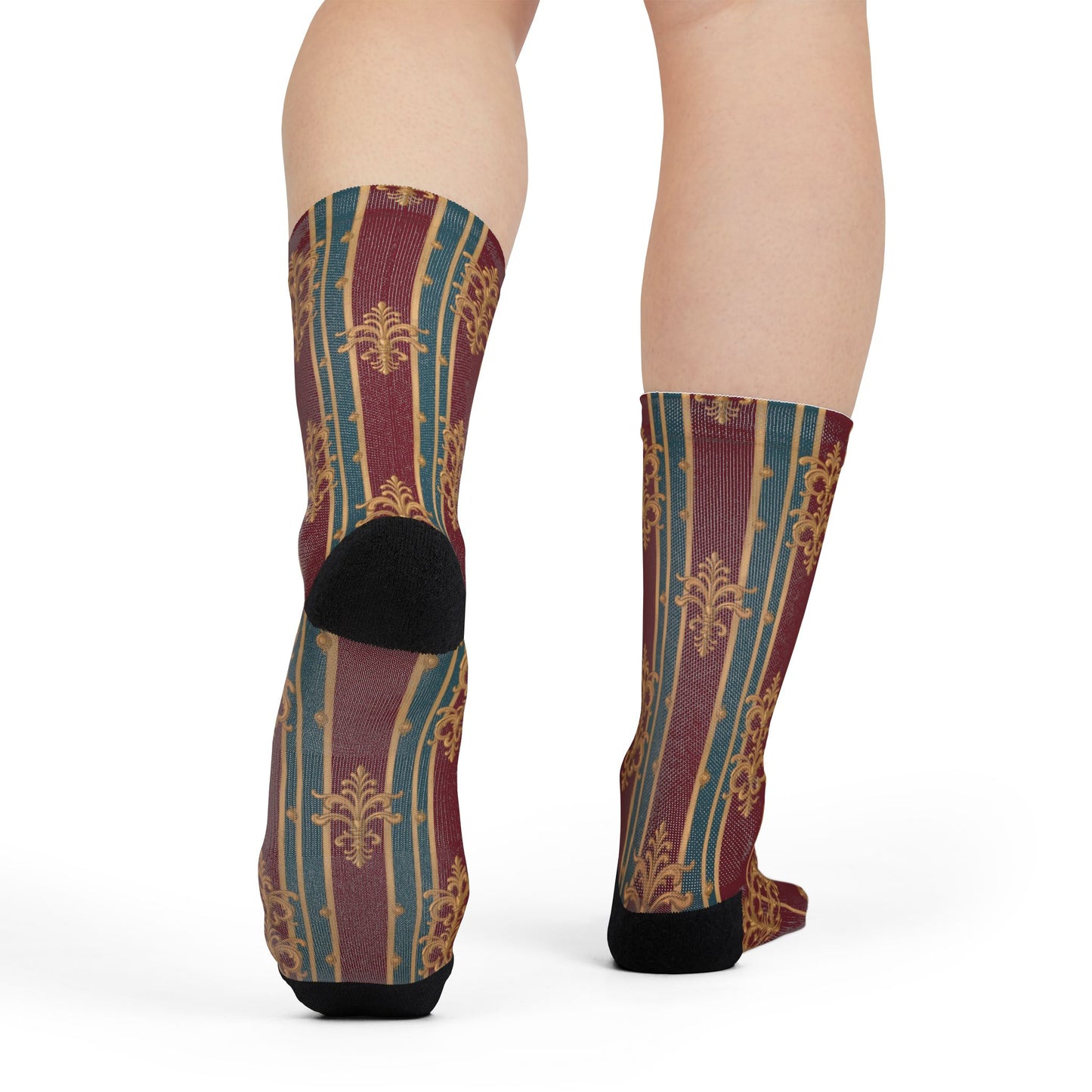 Unisex Elegant Patterned Crew Socks, Cozy Gift, Fashionable Footwear, Holiday Essentials - Burgundy Striped Gold Baroque
