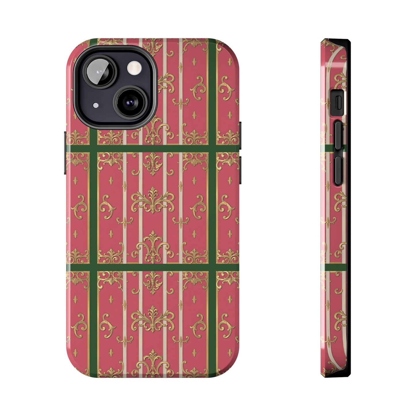 Elegant Green Border Pink Striped Baroque Phone Cases, Tough Phone Cases for Protection, Stylish Mobile Accessories, Gift for Her, Holiday Tech Gifts