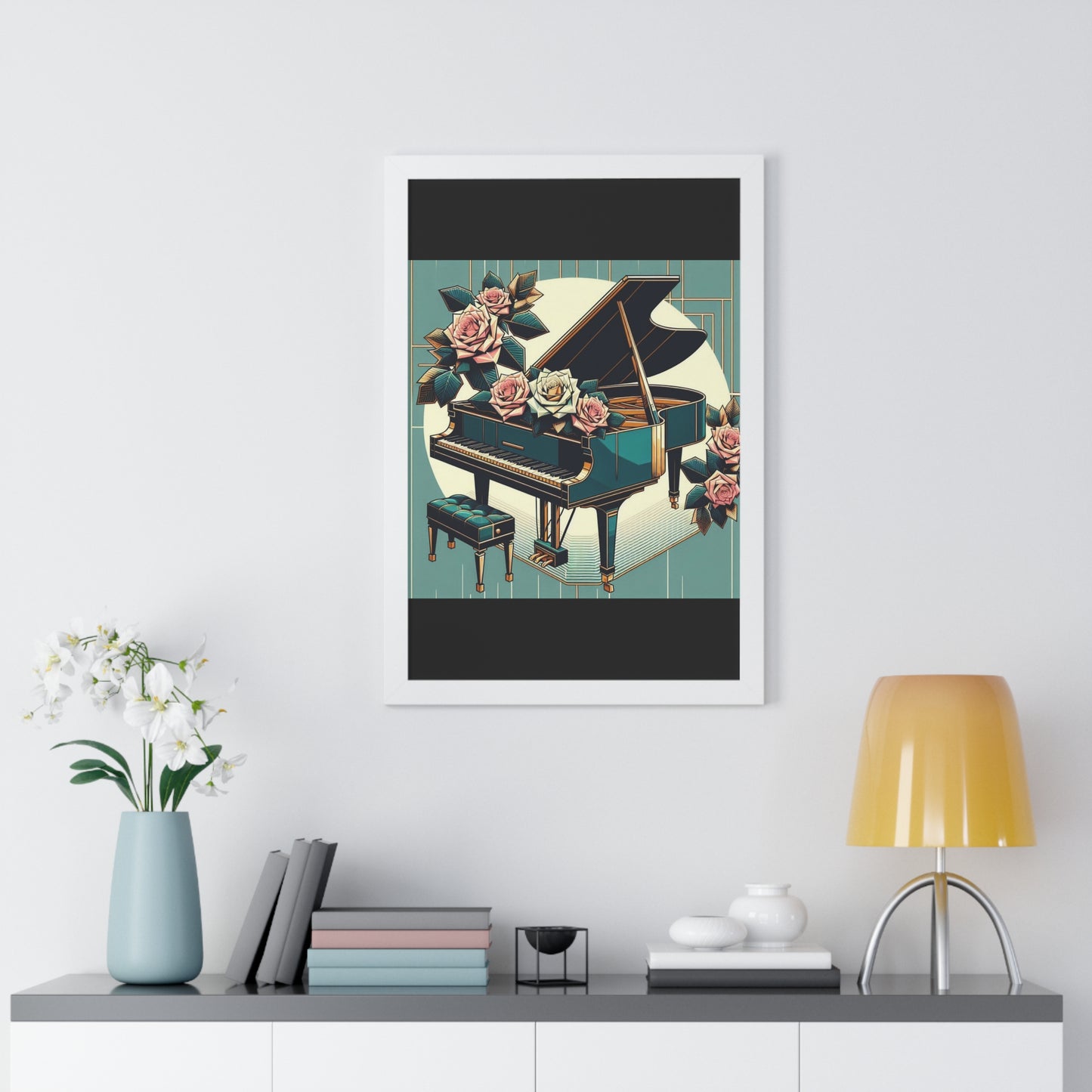 Vertical Poster - Teal Grand Piano & Roses Wall Art