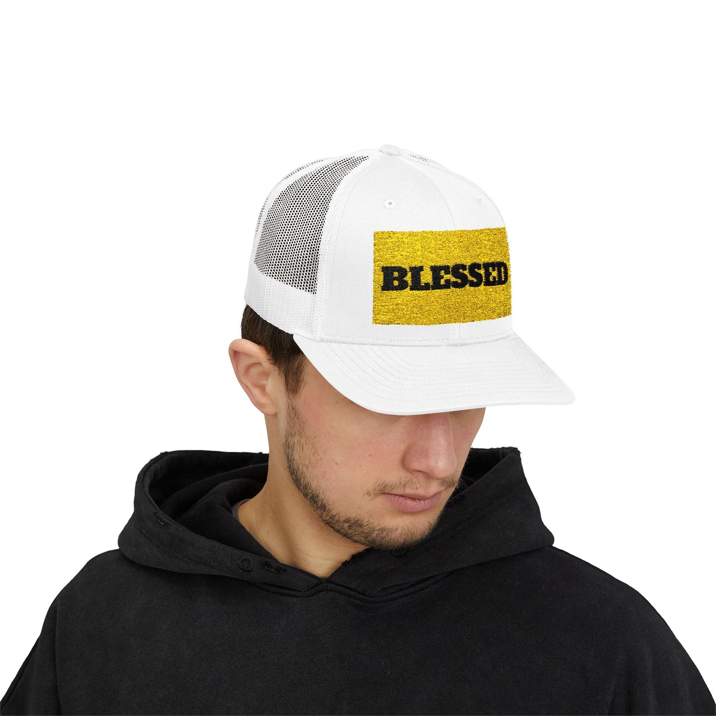 Blessed In Gold Snapback Trucker Cap for Everyday Inspiration, Faith-Based Accessory, Adjustable Hat, Gift for Friends, Motivational Cap