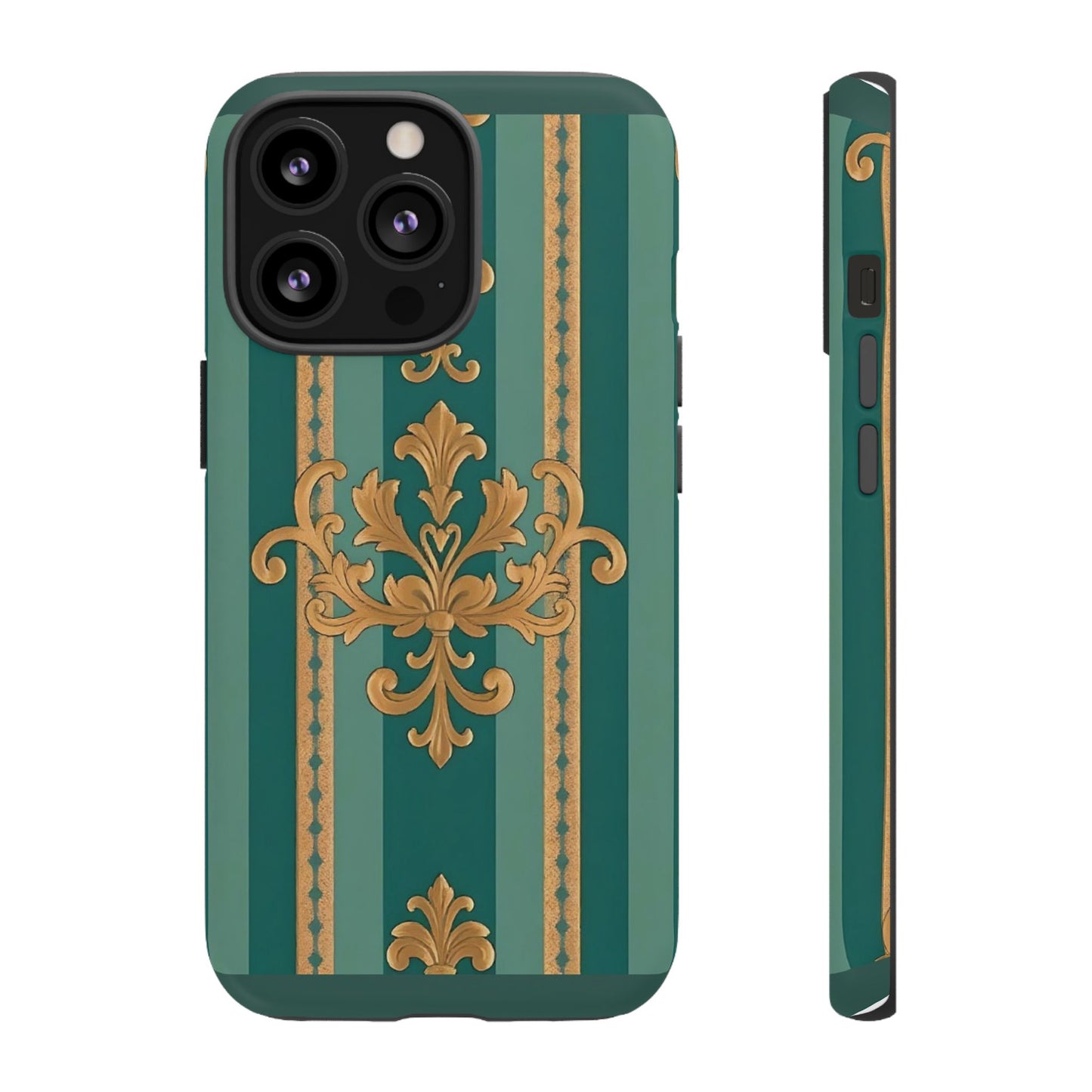 Elegant Floral Motif Phone Case - Tough Cases with Vintage Design - Teal Striped Gold Damask