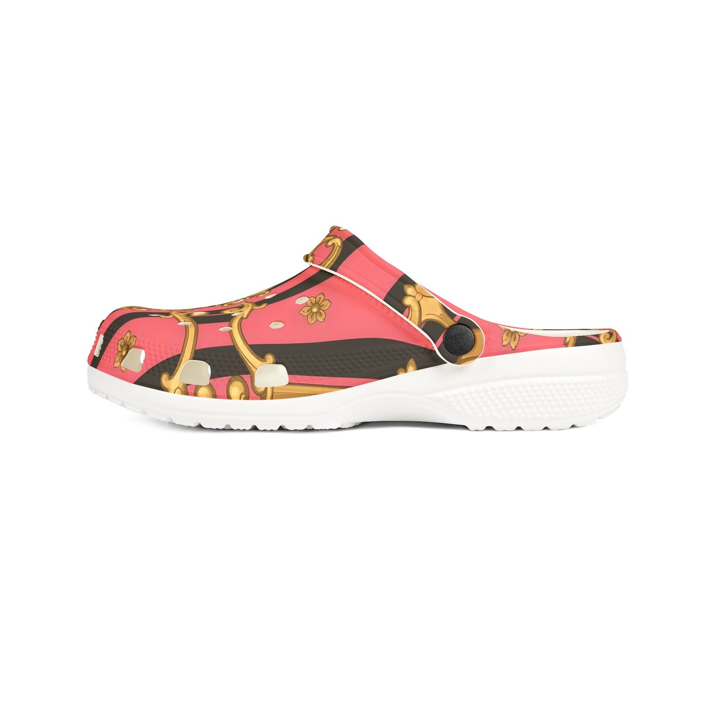 Elegant Designer EVA Foam Shoes - Trendy Comfort for Summer Outings, Fashionable Footwear for Garden - Pink & Black Striped Gold Baroque