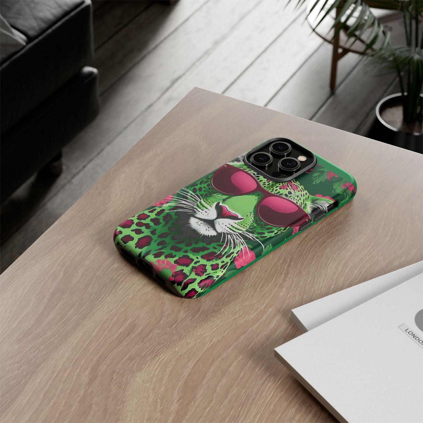 Phone Case - Lime Green & Burgundy Leopard In Sunglasses Design