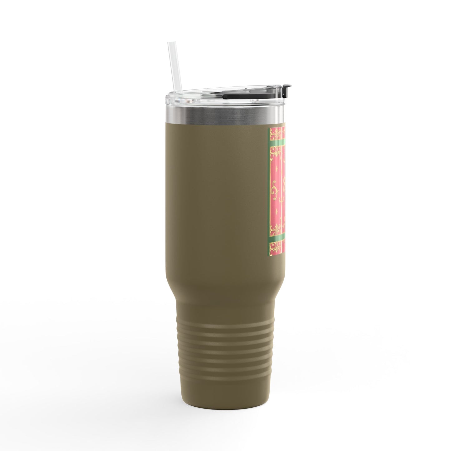 Elegant Insulated Green Border Pink Striped Baroque Travel Mug, 40oz with Baroque Design - Perfect for Gifting, Coffee, Tea, Gift for Her