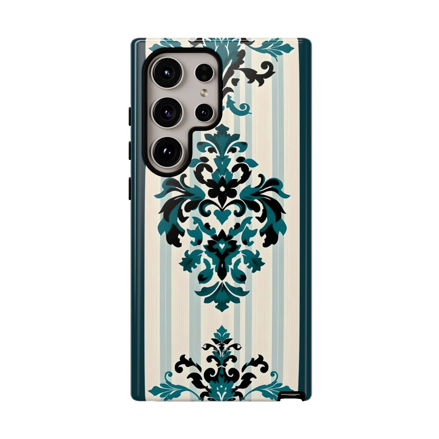 Elegant Floral Phone Case - Tough Cases with Vintage Design - Teal Striped Damask