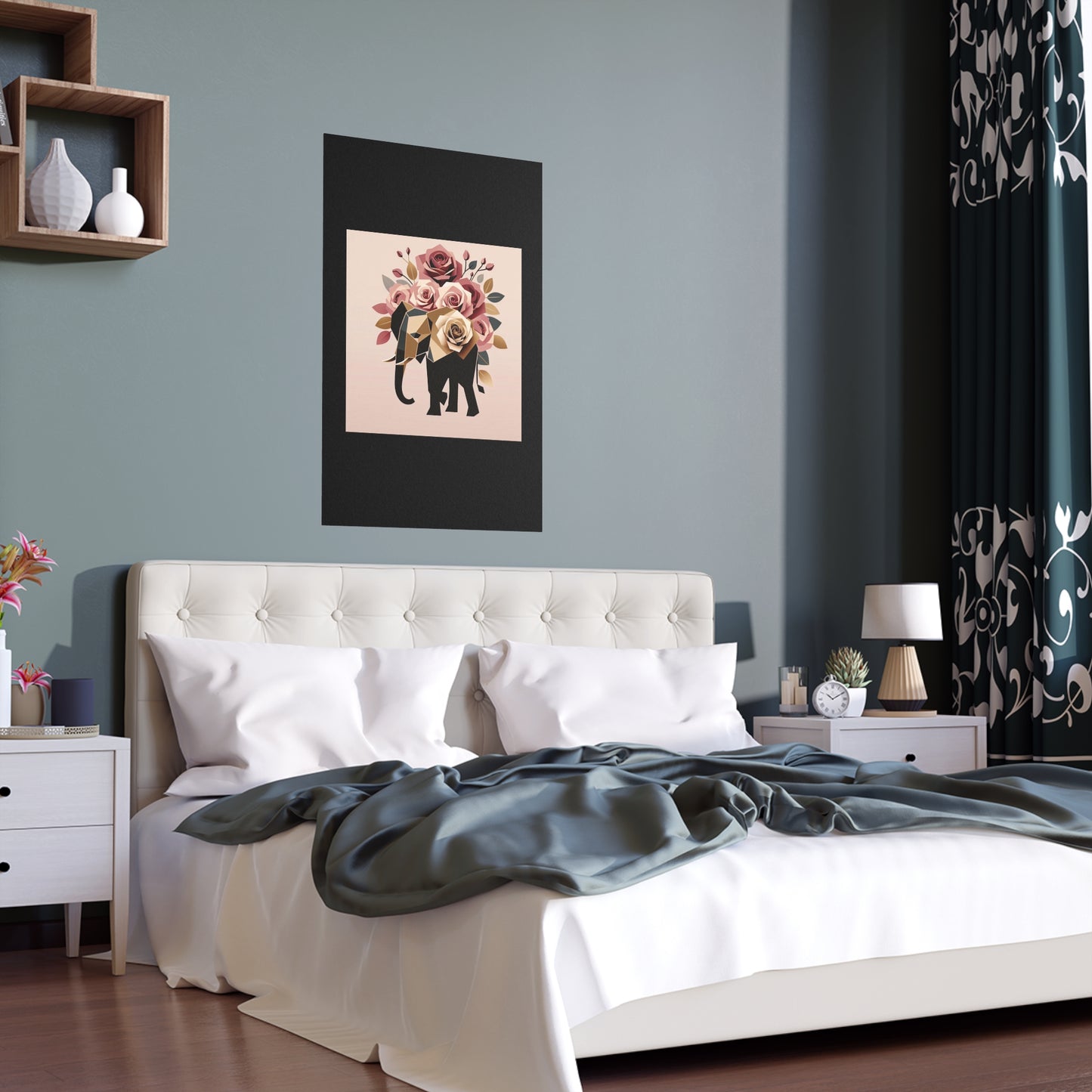 Elegant Floral Silk Poster - Indoor/Outdoor Wall Art for Home Decor - Black & Gold Elephant & Roses