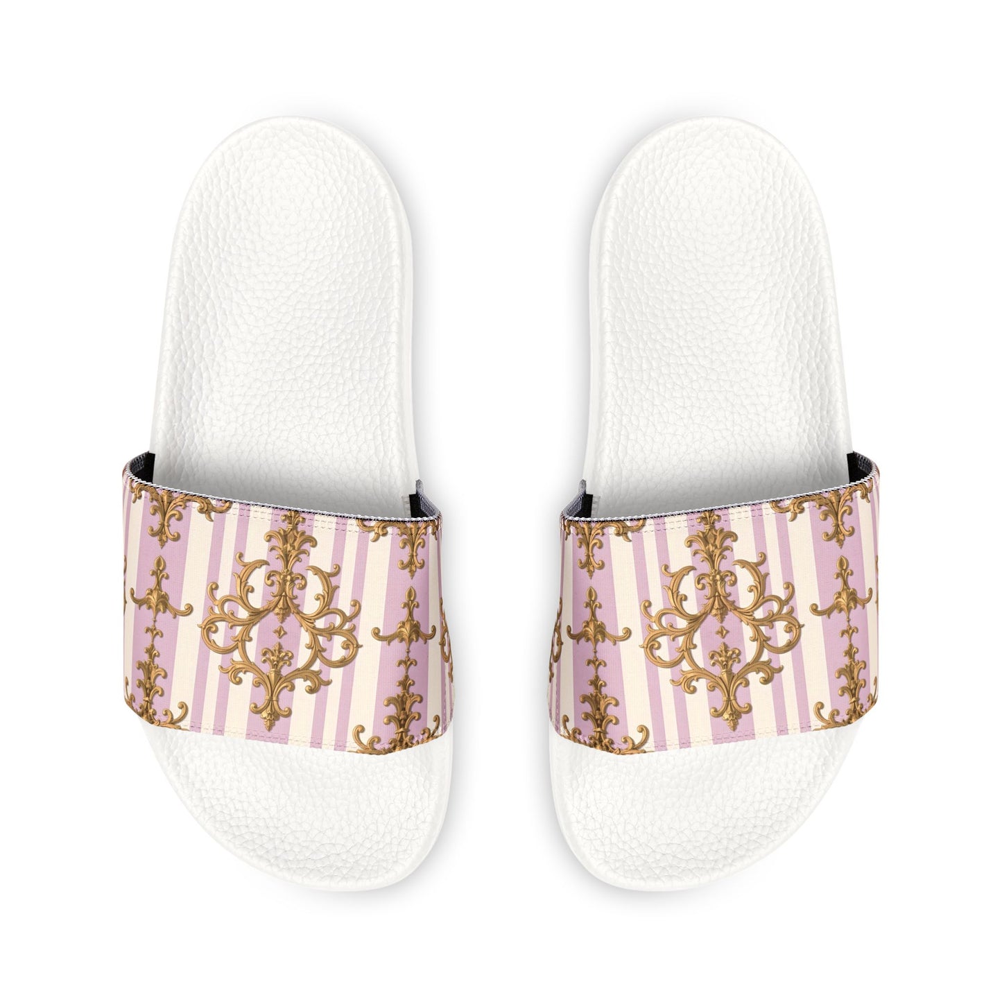 Stylish Women's Sandals with Removable Straps, Comfortable Summer Footwear, Trendy Slippers for Beach - Lilac & Alabaster Striped Gold Baroque