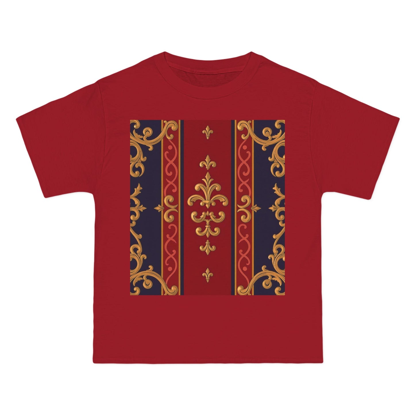 Elegant Patterned Short-Sleeve T-Shirt, Stylish Tee, Vintage Design Top, Casual Wear, Fashionable Gift - Midnight Blue & Dusk Red Gold Baroque