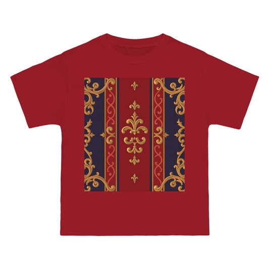 Elegant Patterned Short-Sleeve T-Shirt, Stylish Tee, Vintage Design Top, Casual Wear, Fashionable Gift - Midnight Blue & Dusk Red Gold Baroque