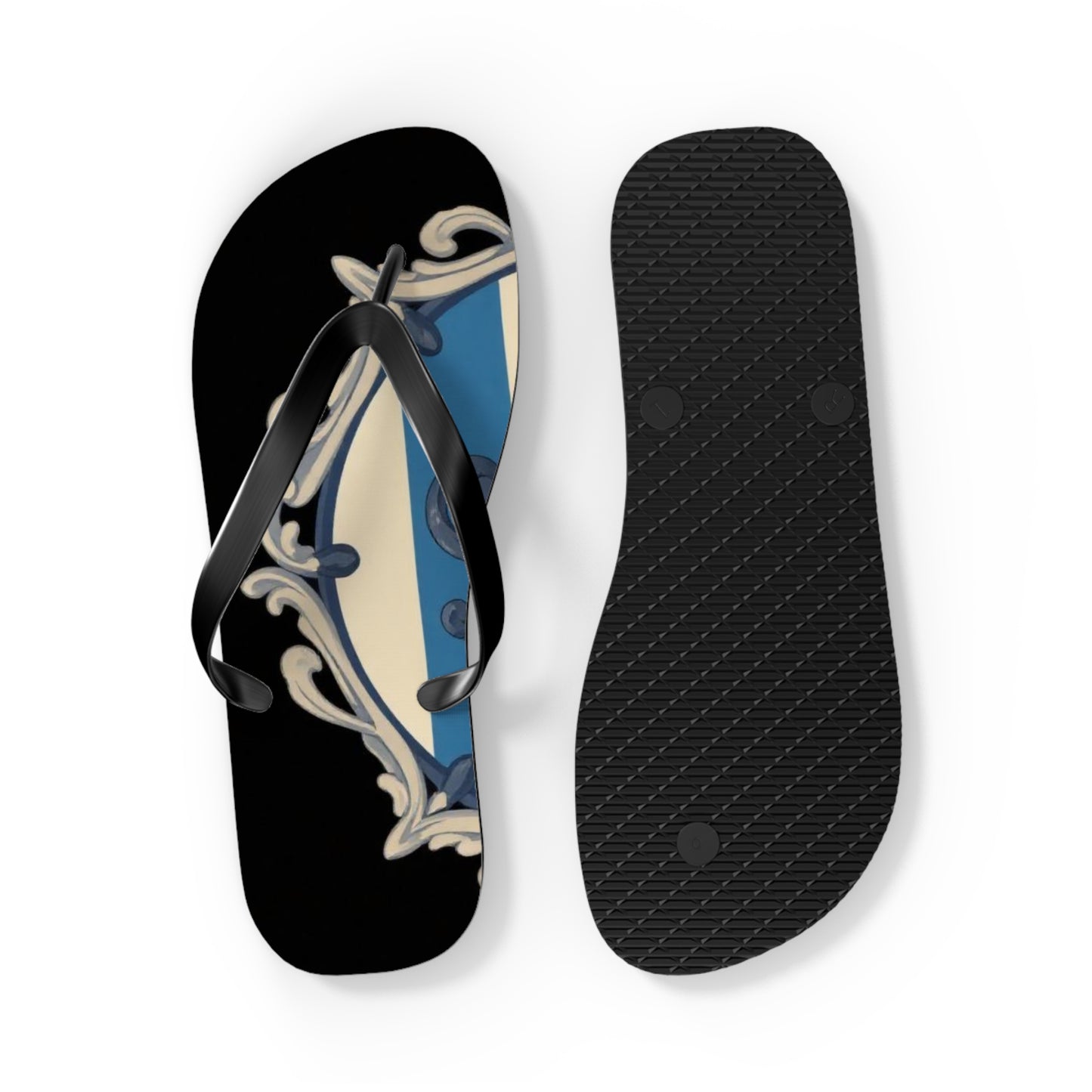 Stylish Blue & Alabaster Striped Baroque Beach Flip Flops, Summer Footwear, Vacation Sandals, Casual Footwear, Pool Party Essentials