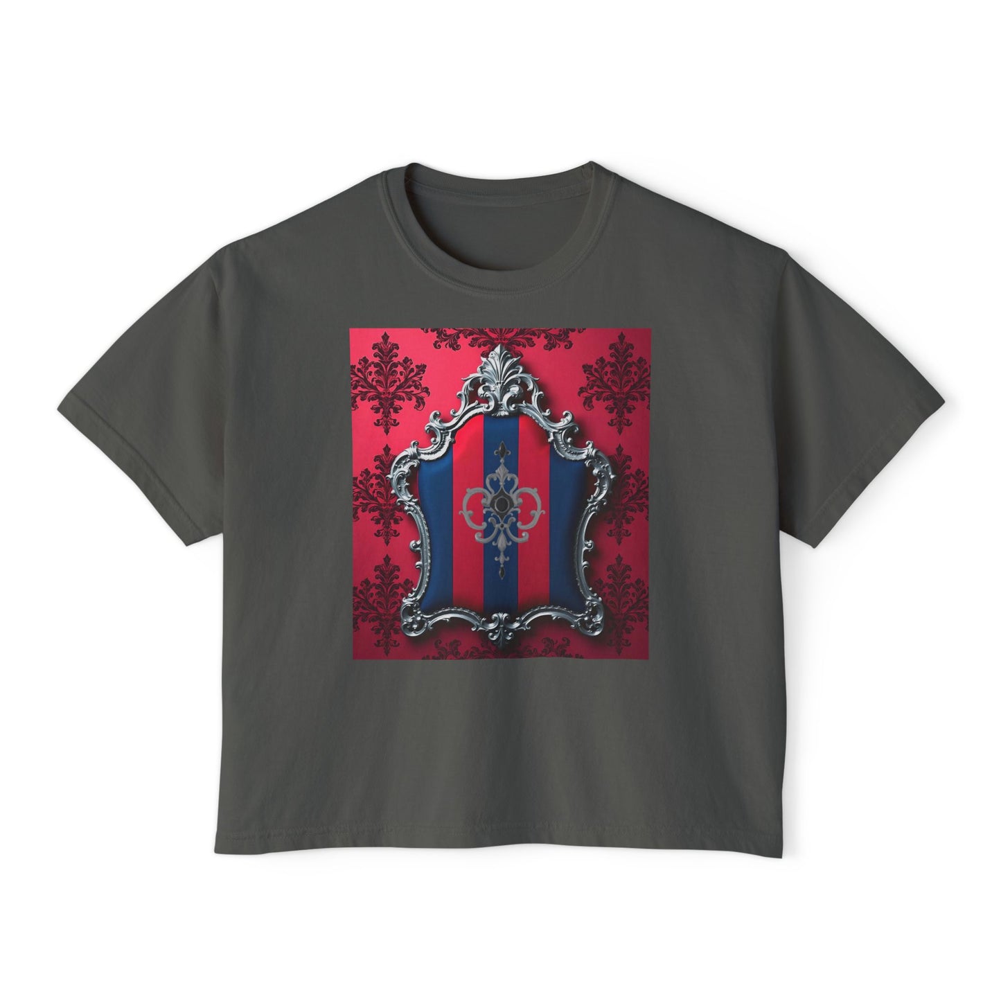 Vintage-Inspired Women's Boxy Tee, Retro Graphic Top, Casual Summer Shirt, Trendy Fashion Tee, Gift for Her - Blue & Red Striped Silver Crest