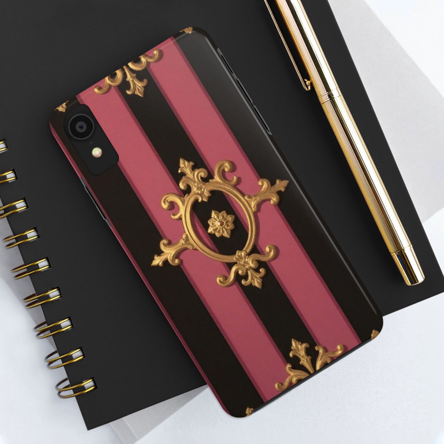 Elegant Black & Mauve Striped Gold Baroque Tough Phone Cases, Luxe Phone Covers, Fashionable Mobile Cases, Gift for Her, Holiday Phone Accessories