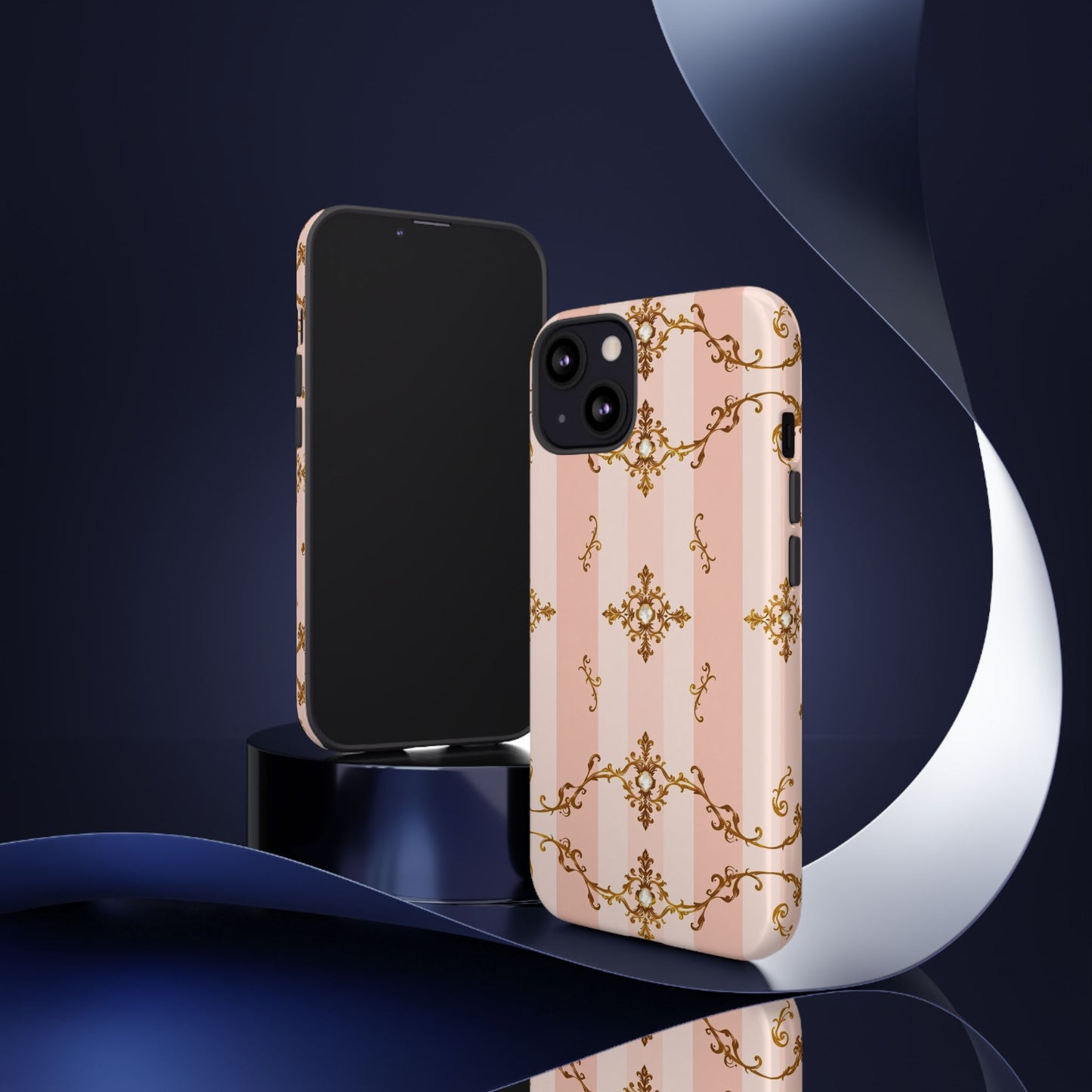 Elegant Floral Phone Case, Tough Cases for Women, Trendy Phone Cover, Chic Gift - Pink Jeweled Striped Gold Baroque