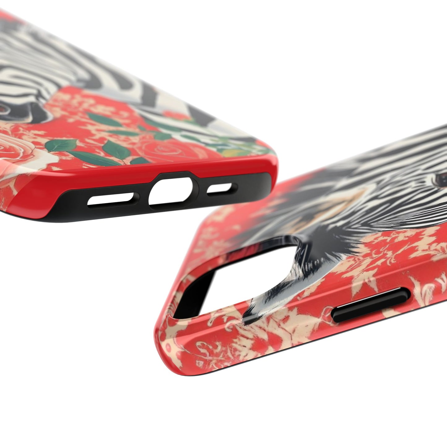 Zebra Tough Phone Case - Trendy Floral Design for Animal Lovers - Zebra With Coral Roses & Damask