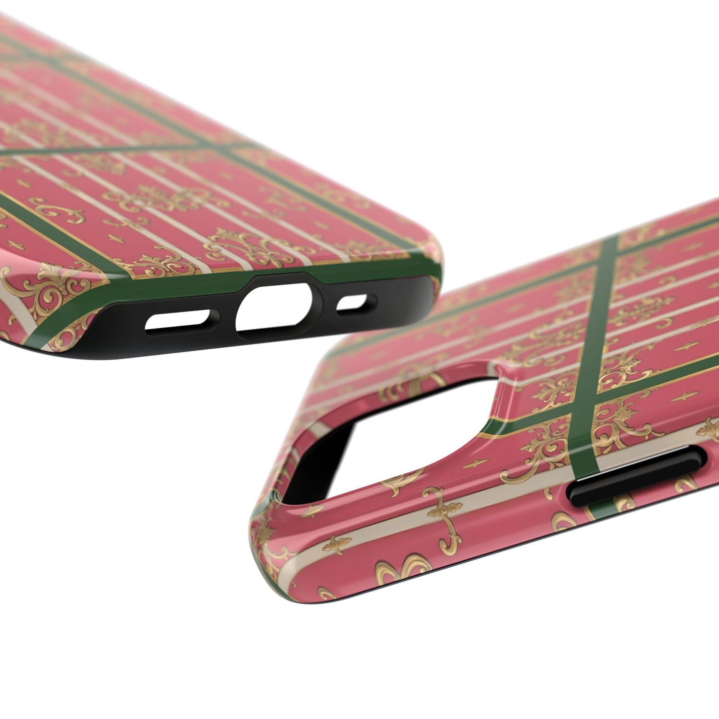 Elegant Green Border Pink Striped Baroque Phone Cases, Tough Phone Cases for Protection, Stylish Mobile Accessories, Gift for Her, Holiday Tech Gifts