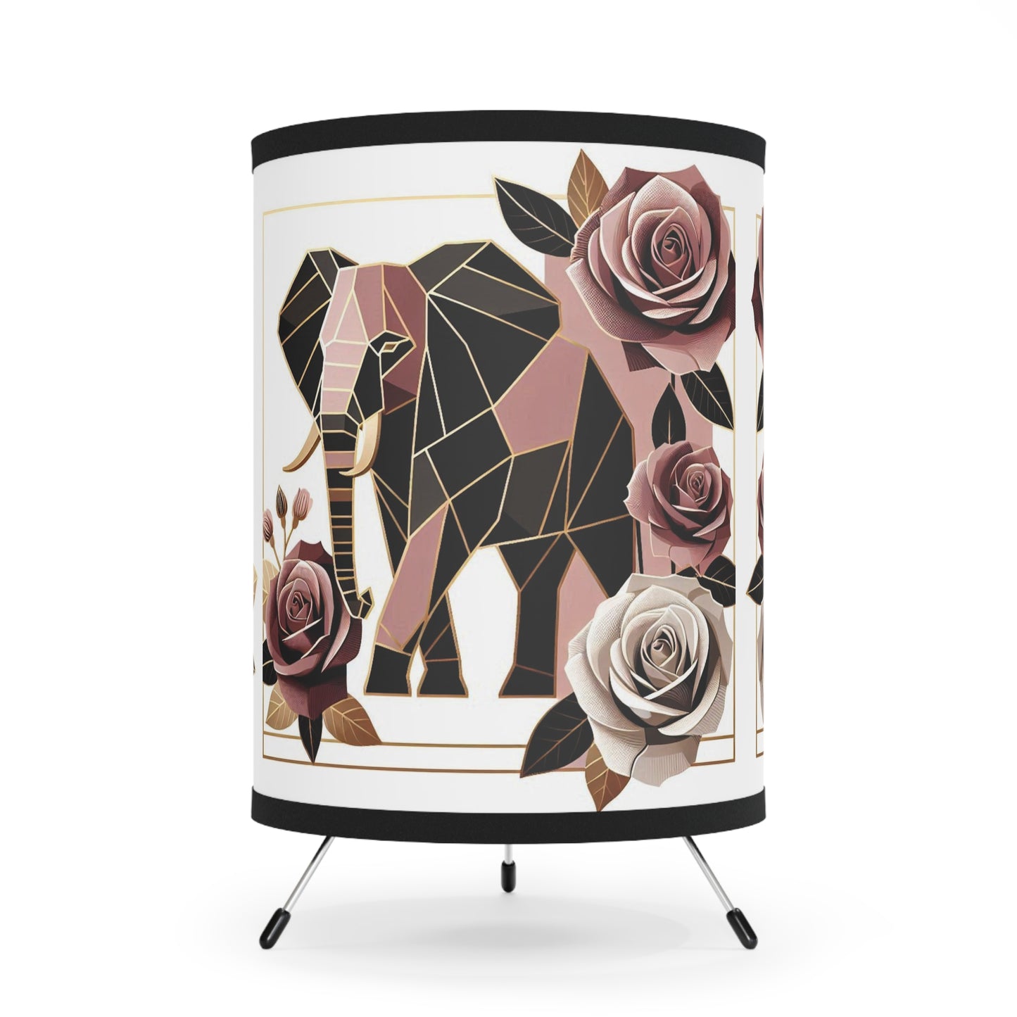 Boho Elephant Tripod Lamp with Floral Design - High-Res Printed Shade - Brown & Mauve Elephant & Roses Design