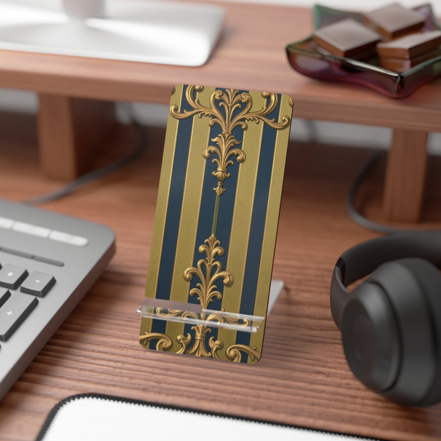Elegant Midnight Blue & Olive Striped Gold Baroque Smartphone Display Stand with Vintage Design, Phone Holder, Desk Accessory, Gift Idea