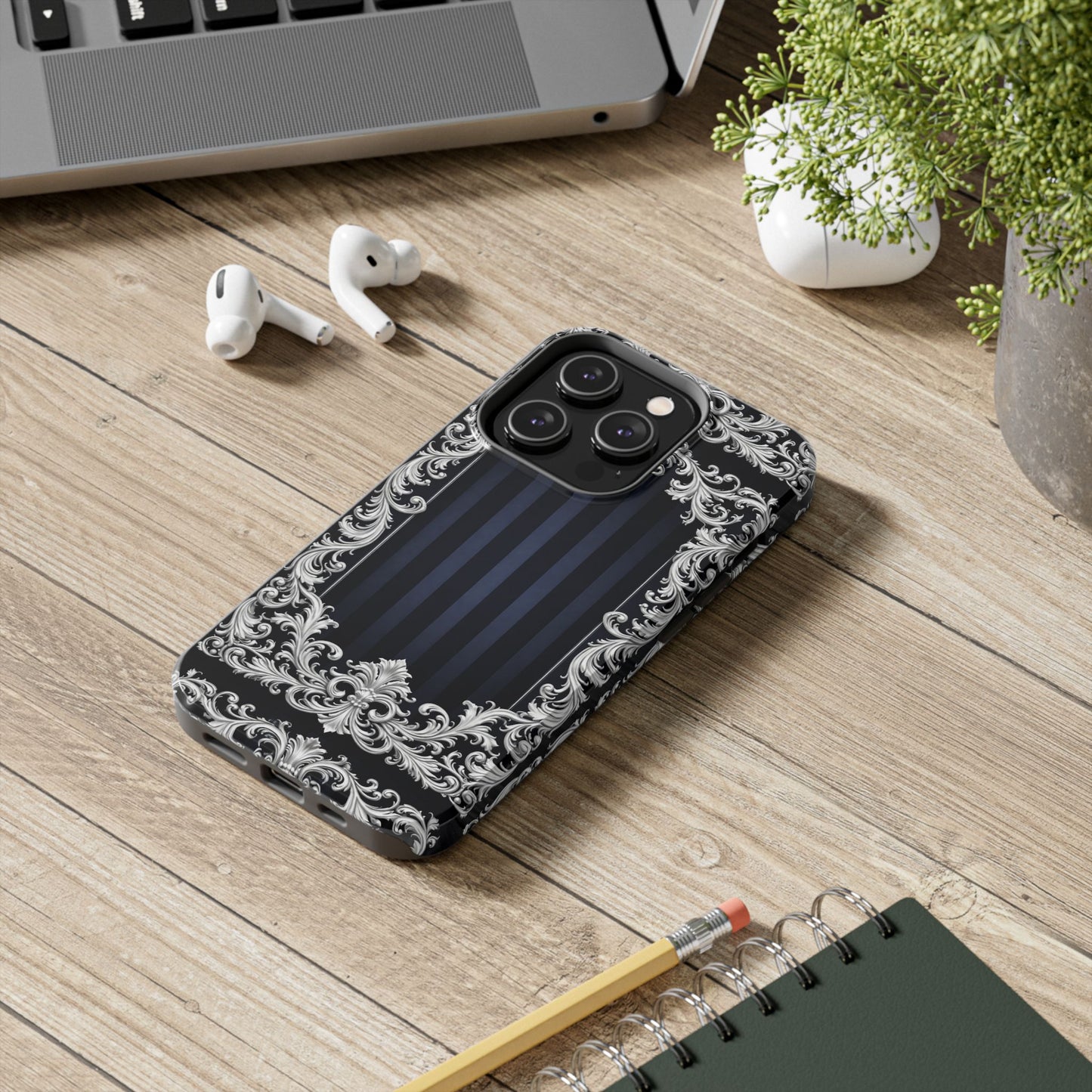 Navy Stripes & Baroque Tough Phone Case — Protective Decorative iPhone Case