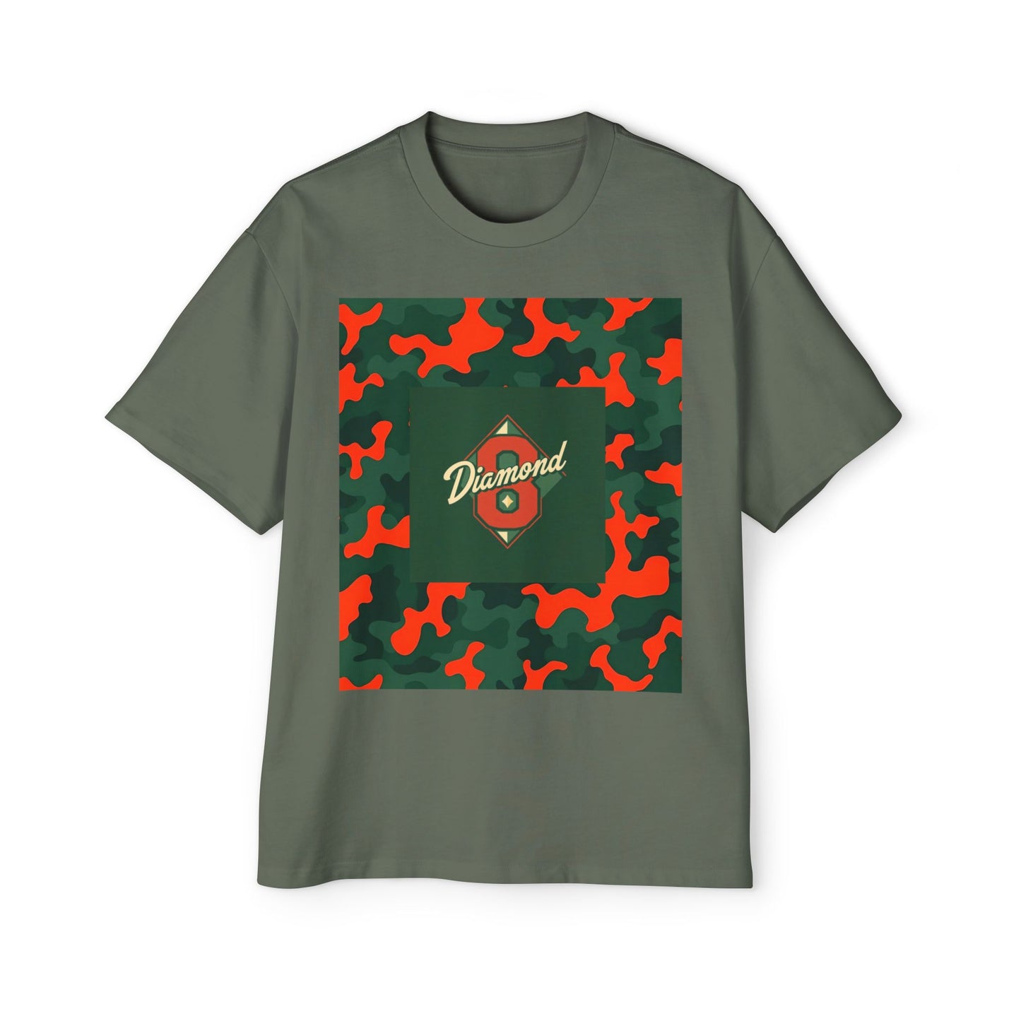 Men's Heavy Oversized Camouflage Tee, Casual Streetwear Shirt, Graphic T-Shirt, Comfortable Everyday Wear, Gift for Him - Green & Orange Camo Diamond 8