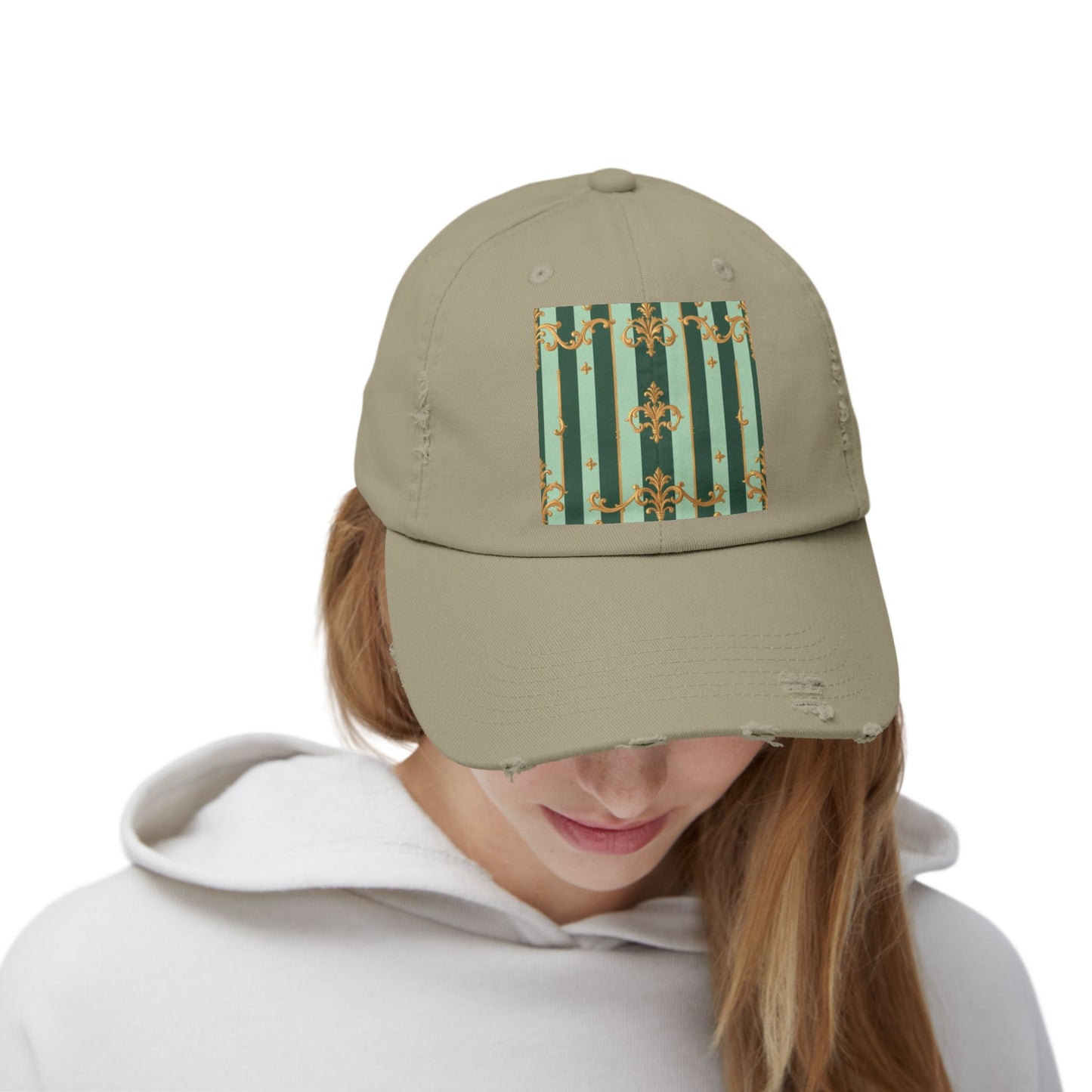 Vintage Chic Unisex Distressed Cap - Fashion Hat, Casual Headwear, Trendy Accessory, Gift for Him/Her - Mint Green & Teal Striped Gold Baroque