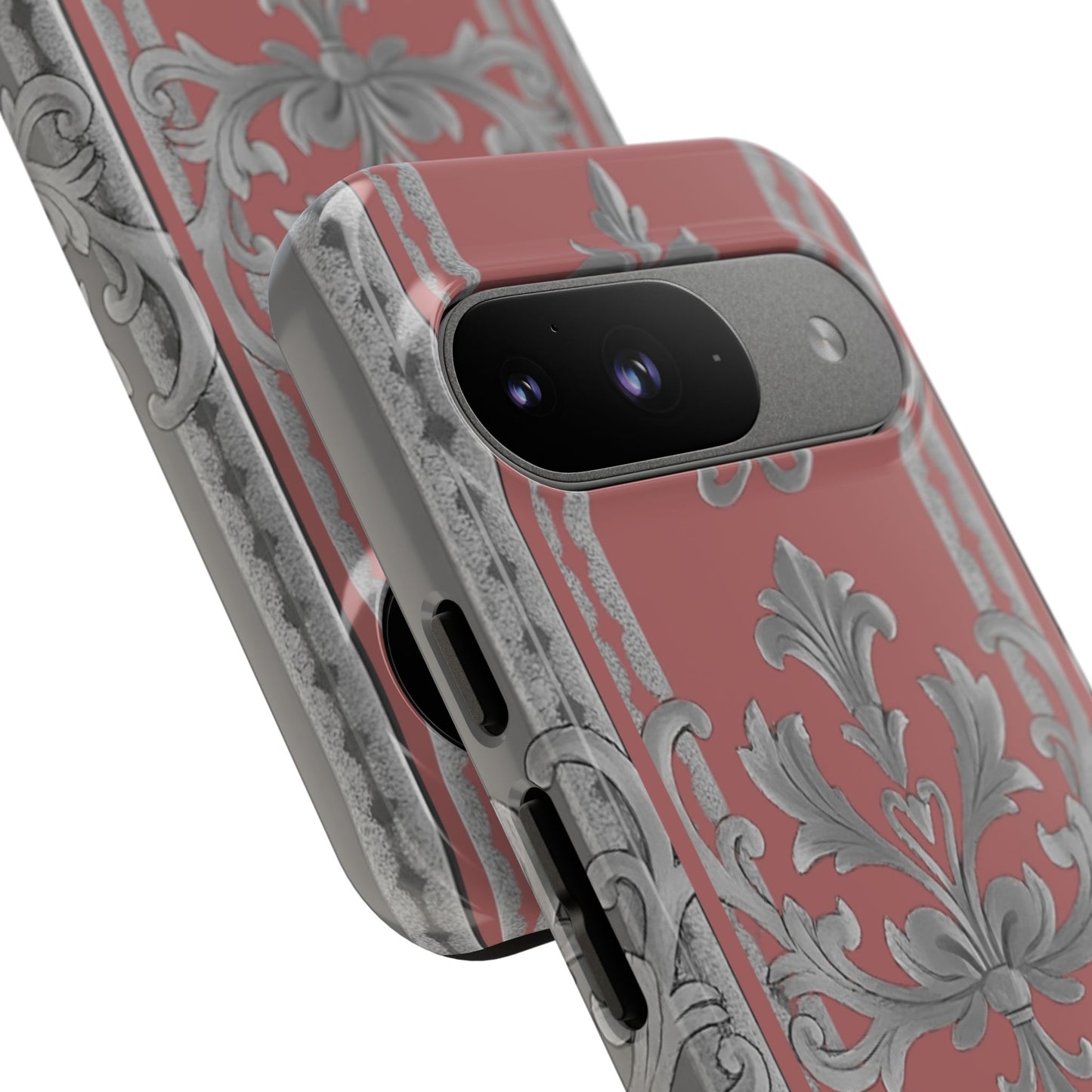 Elegant Floral Phone Case - Tough Cases for Stylish Protection - Gray & Mauve Striped Baroque