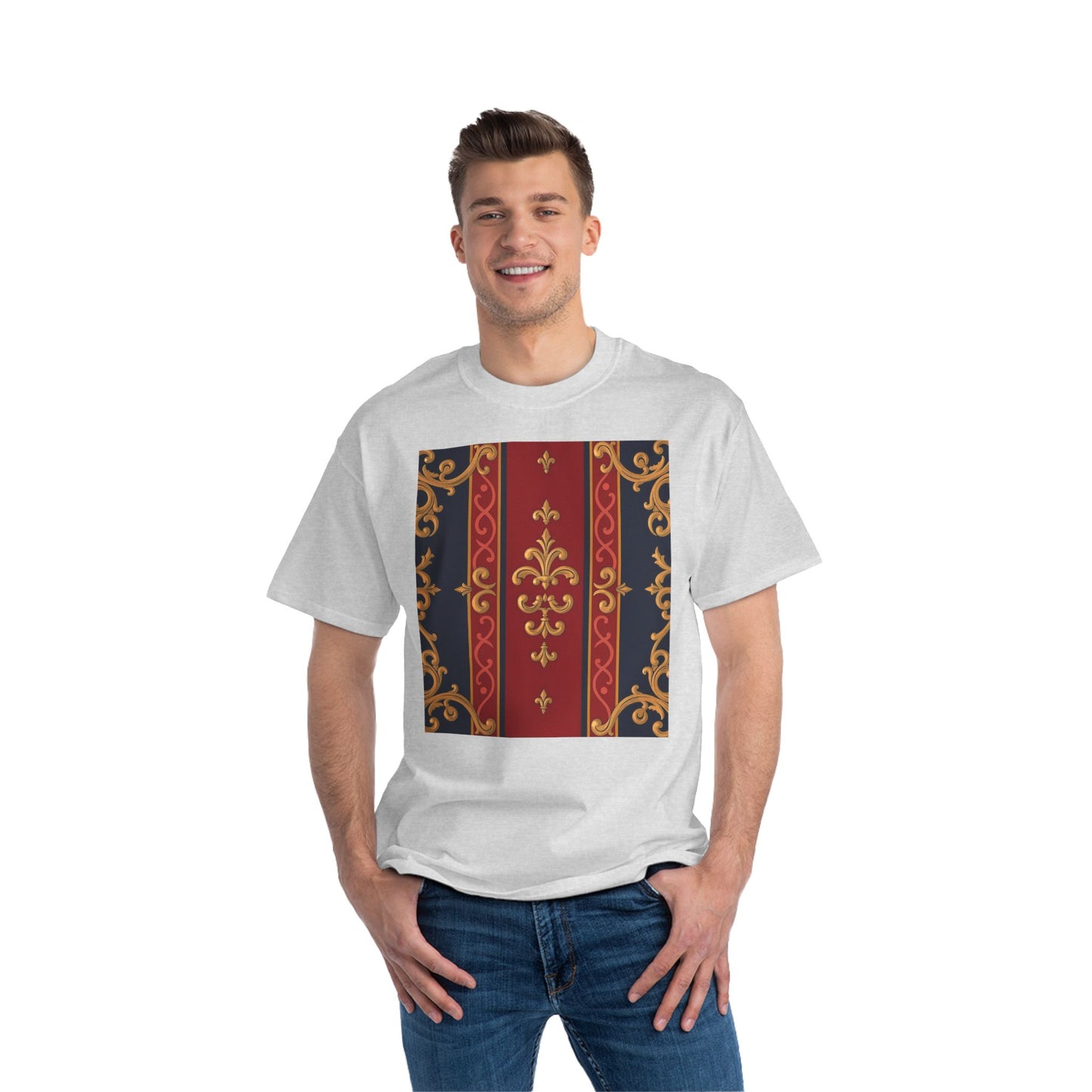 Elegant Baroque T-Shirt for Fashion Lovers, Casual Wear, Gift for Her, Unique Tee for Art Enthusiasts - Midnight Blue & Dusk Red Gold Baroque