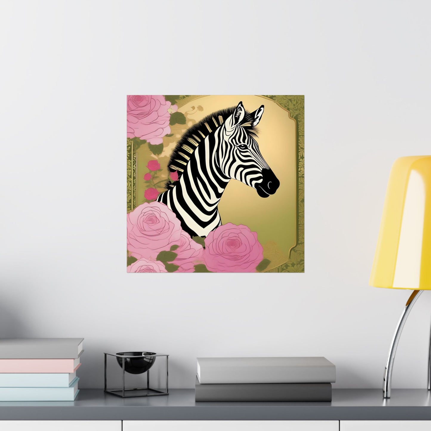 Floral Art Poster - Elegant Matte Vertical Wall Decor - Zebra With Roses In Pink & Olive