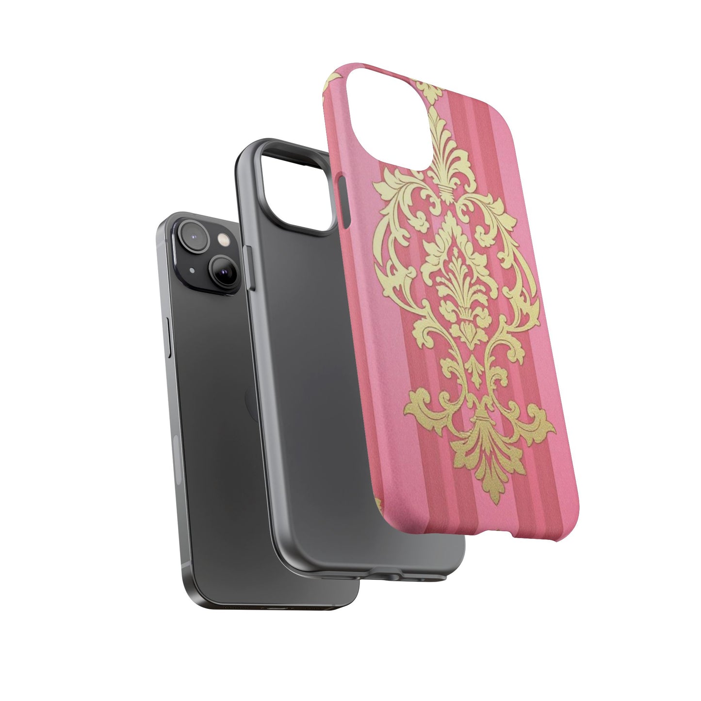 Elegant Floral Motif Phone Case - Tough Cases with Vintage Design - Pink Striped Damask