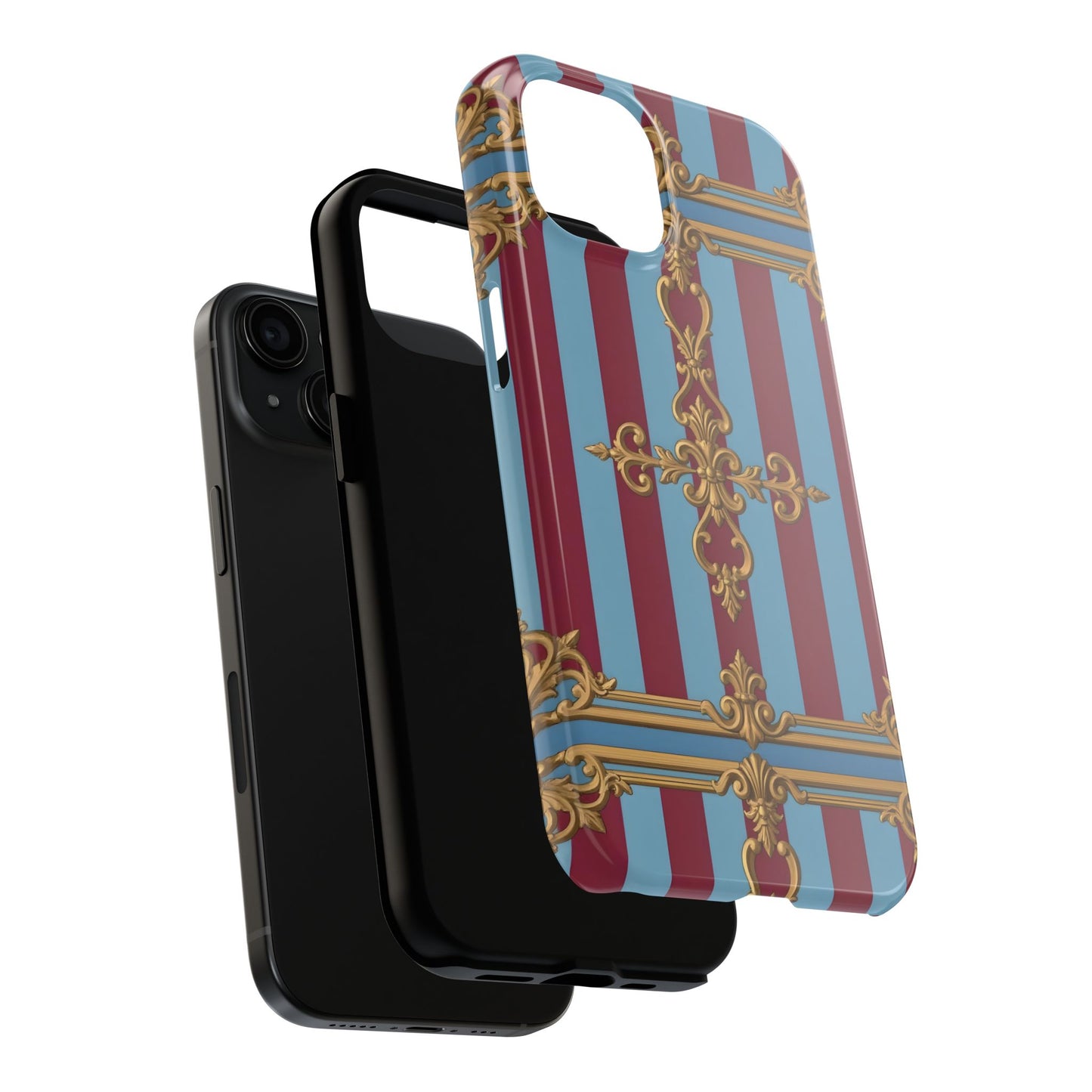 Elegant Patterned Tough Phone Cases, Stylish Phone Cover, Durable Phone Protection, Unique Gift Idea - Sky Blue & Maroon Striped Baroque
