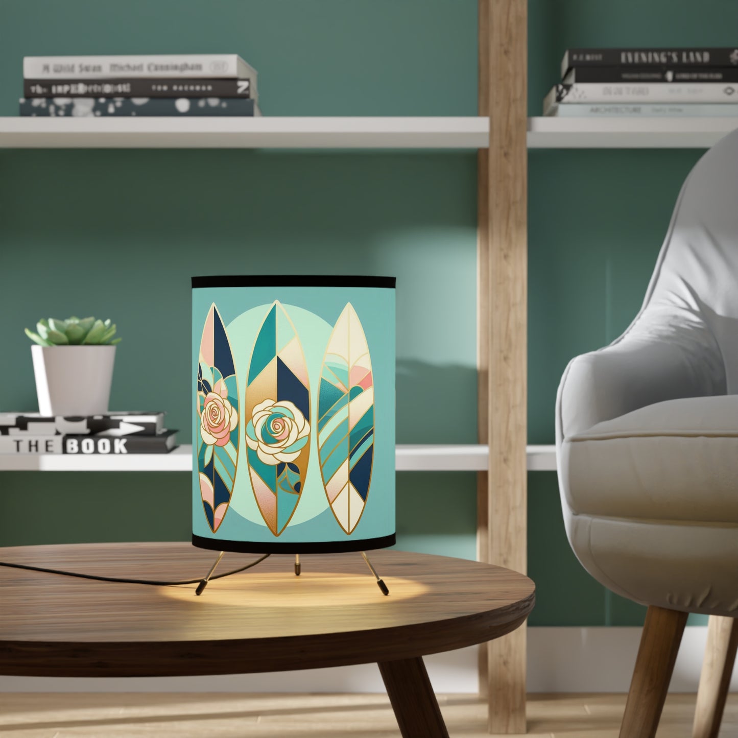 Boho Surf Tripod Lamp with Floral Design - High-Res Printed Shade - Blue, Pink & Aqua Surfboard & Roses Design
