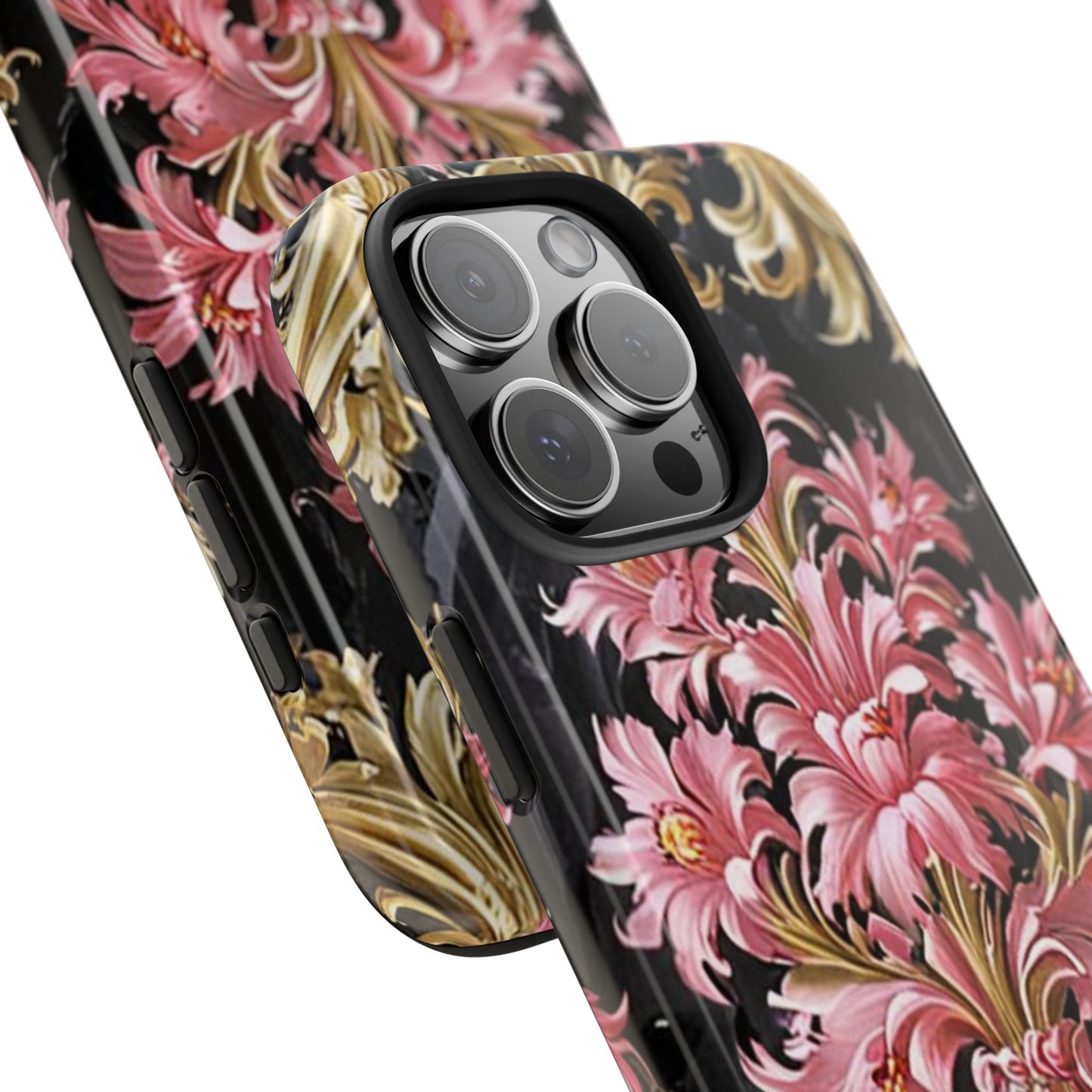 Elegant Floral Tough Phone Cases | Stylish Protection for Her | Gift for Birthdays - Black & Pink Oil Painting Style Rococo